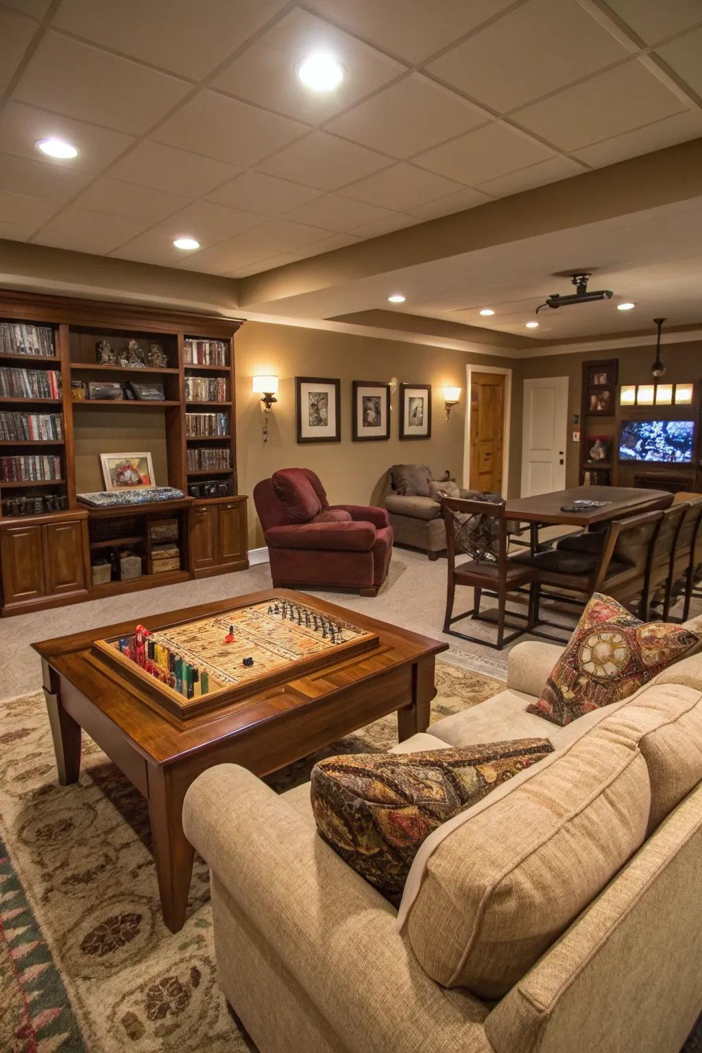 An amusement sector imparts a spirited element to this family-friendly basement.