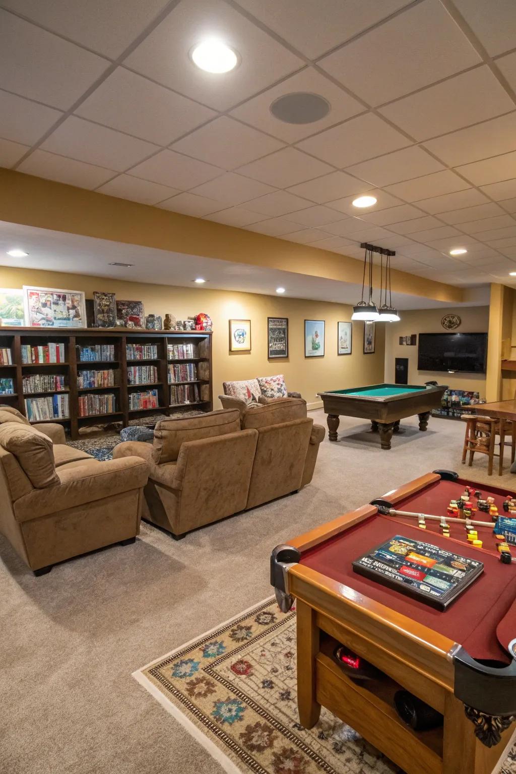 A delightful basement leisure sector featuring games and ample seating.