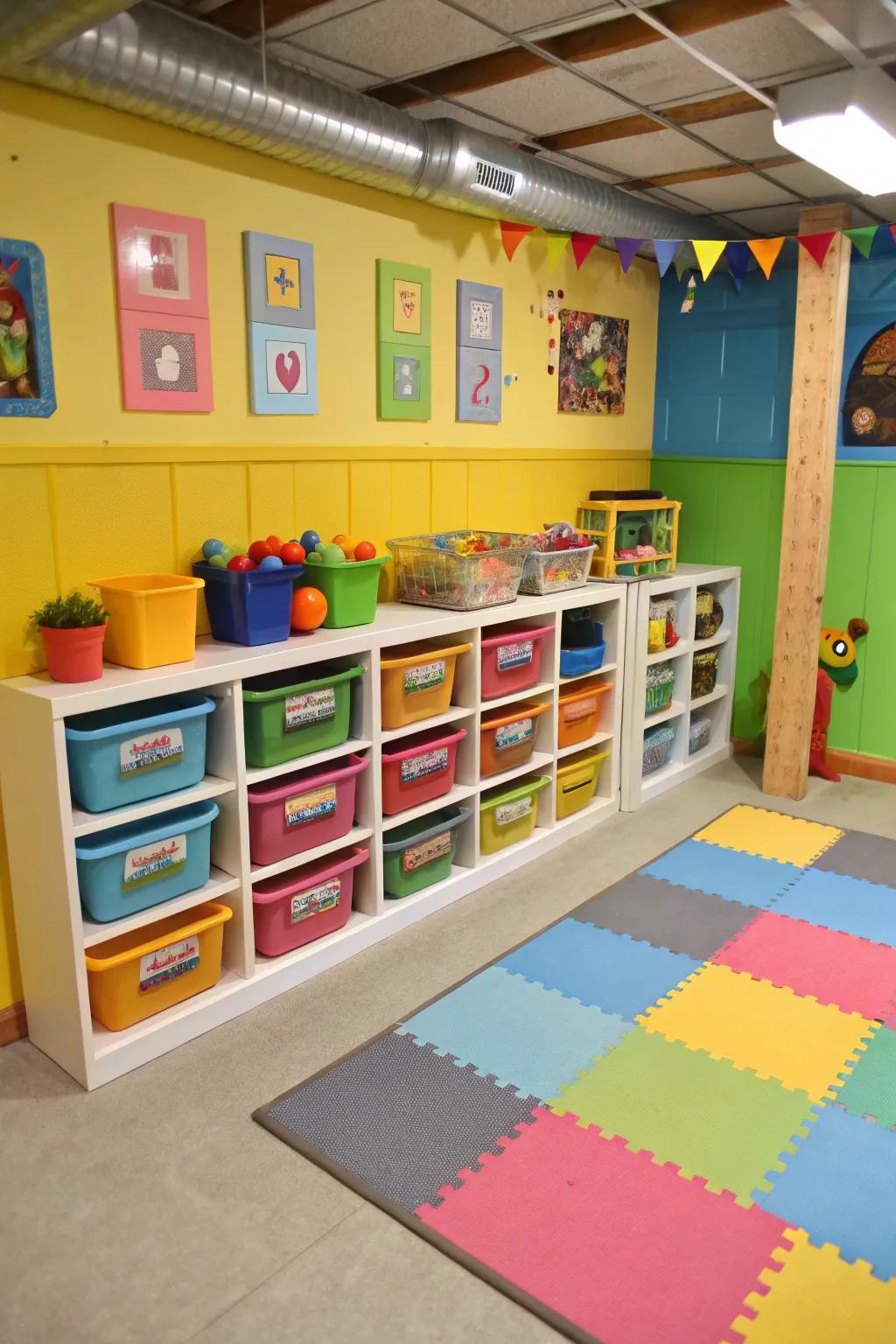 A designated play area confines and organizes toys effectively.
