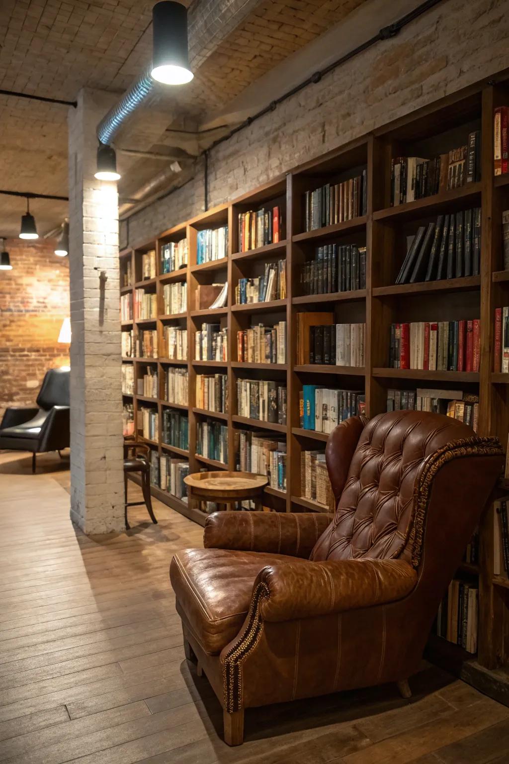 Shelving in the style of a library transforms your basement into a cozy retreat for book lovers.