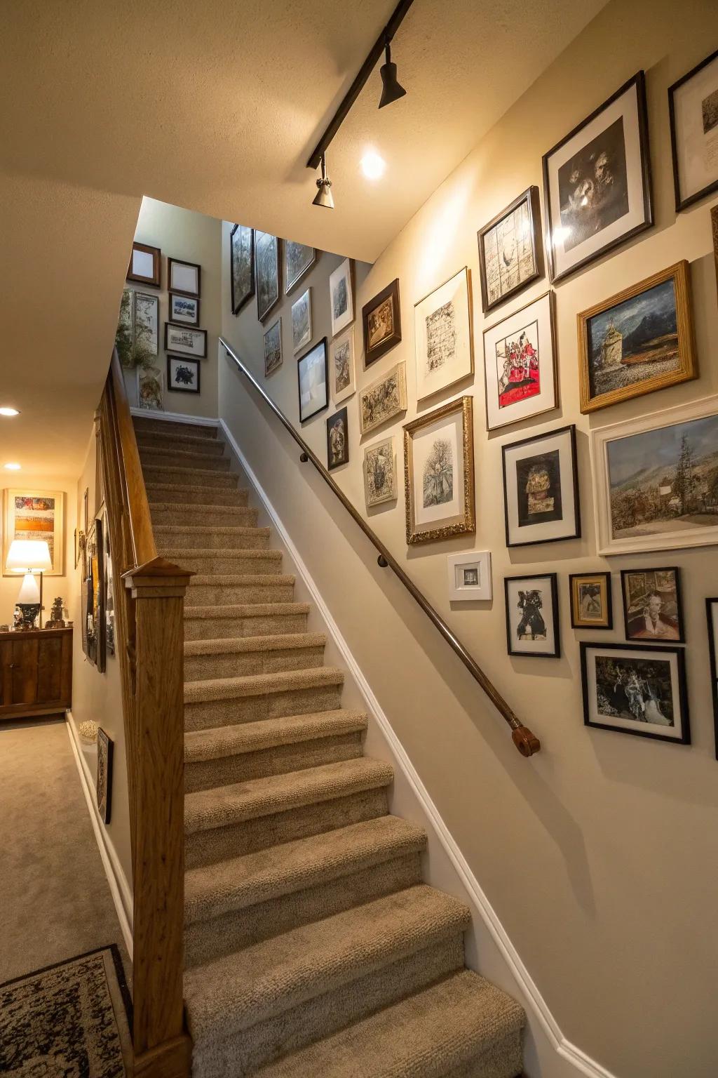 An exhibition wall contributes character and individual flair to the stairway.