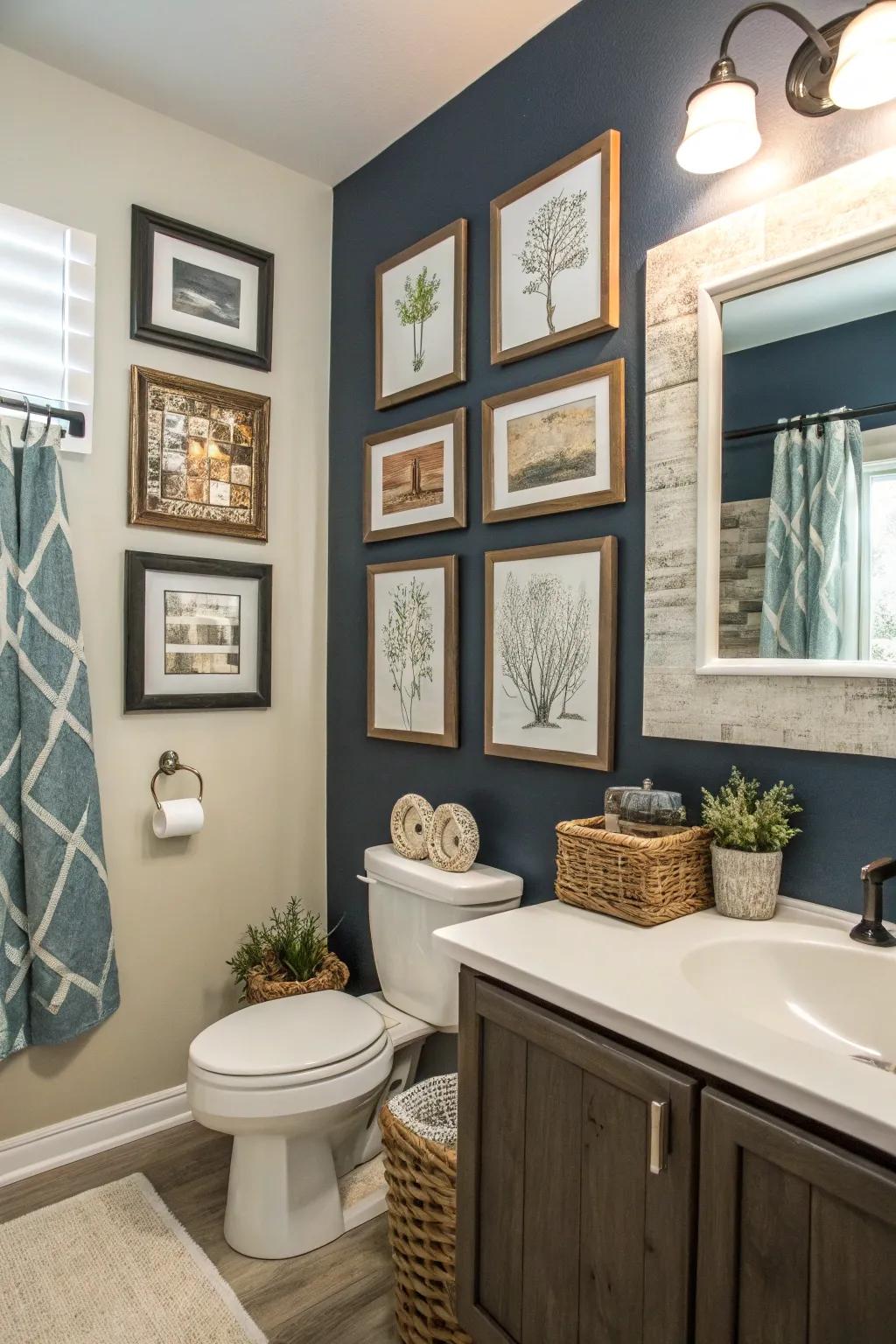 Framed art enhances the character of your bathroom.