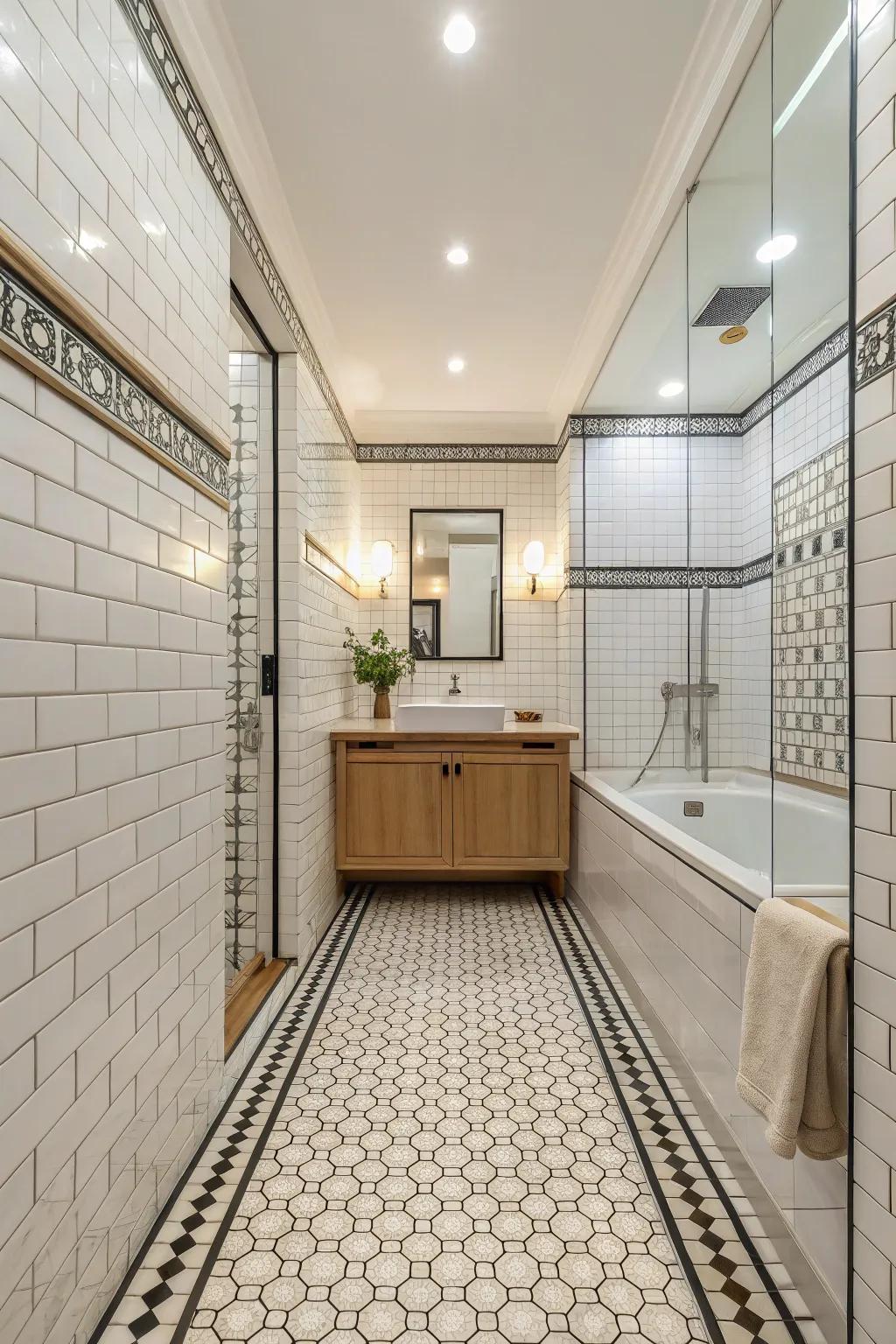 Sustained tile coherence engenders a unified and commodious washroom sensation.