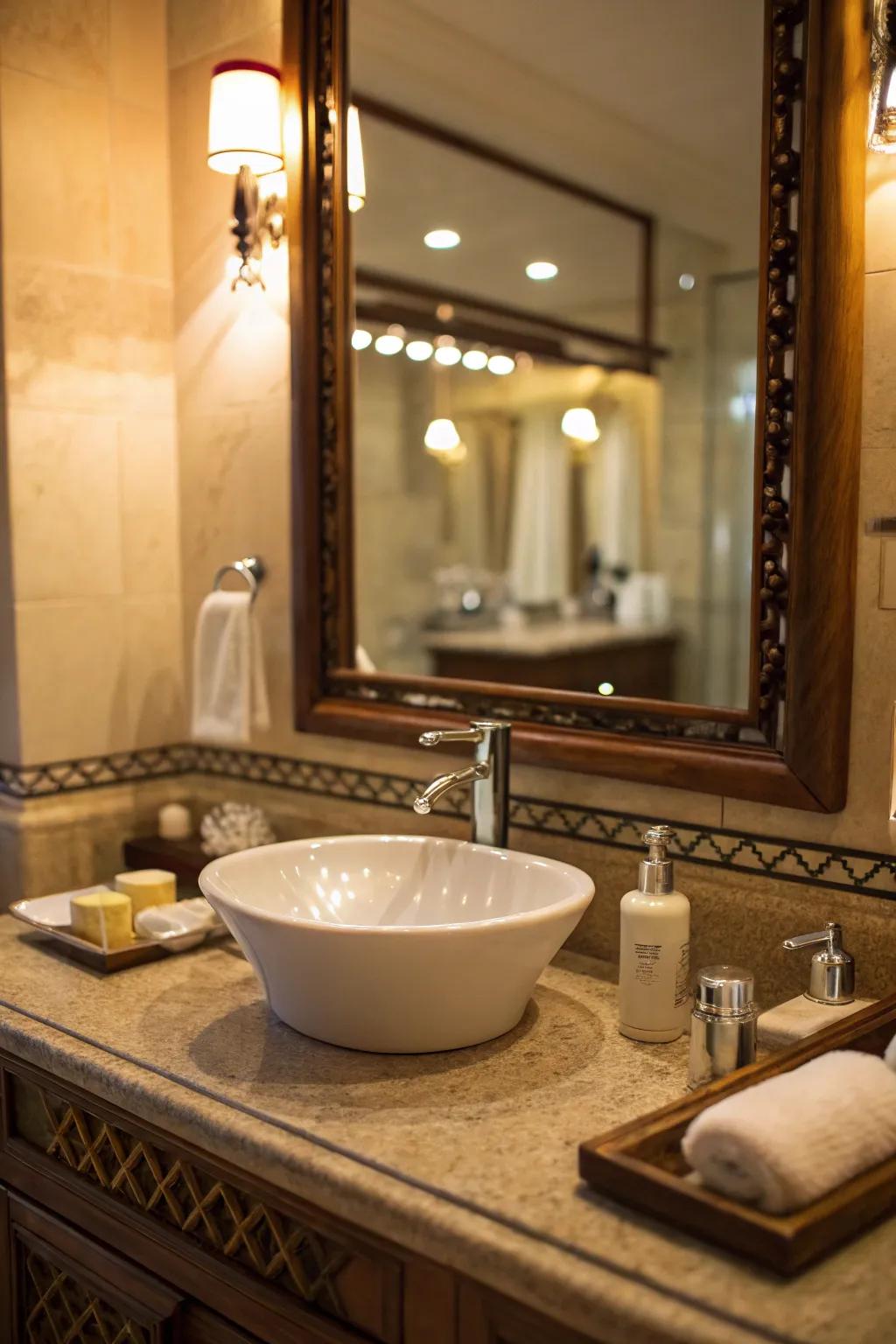Under-mirror lighting provides a tranquil, ambient atmosphere.