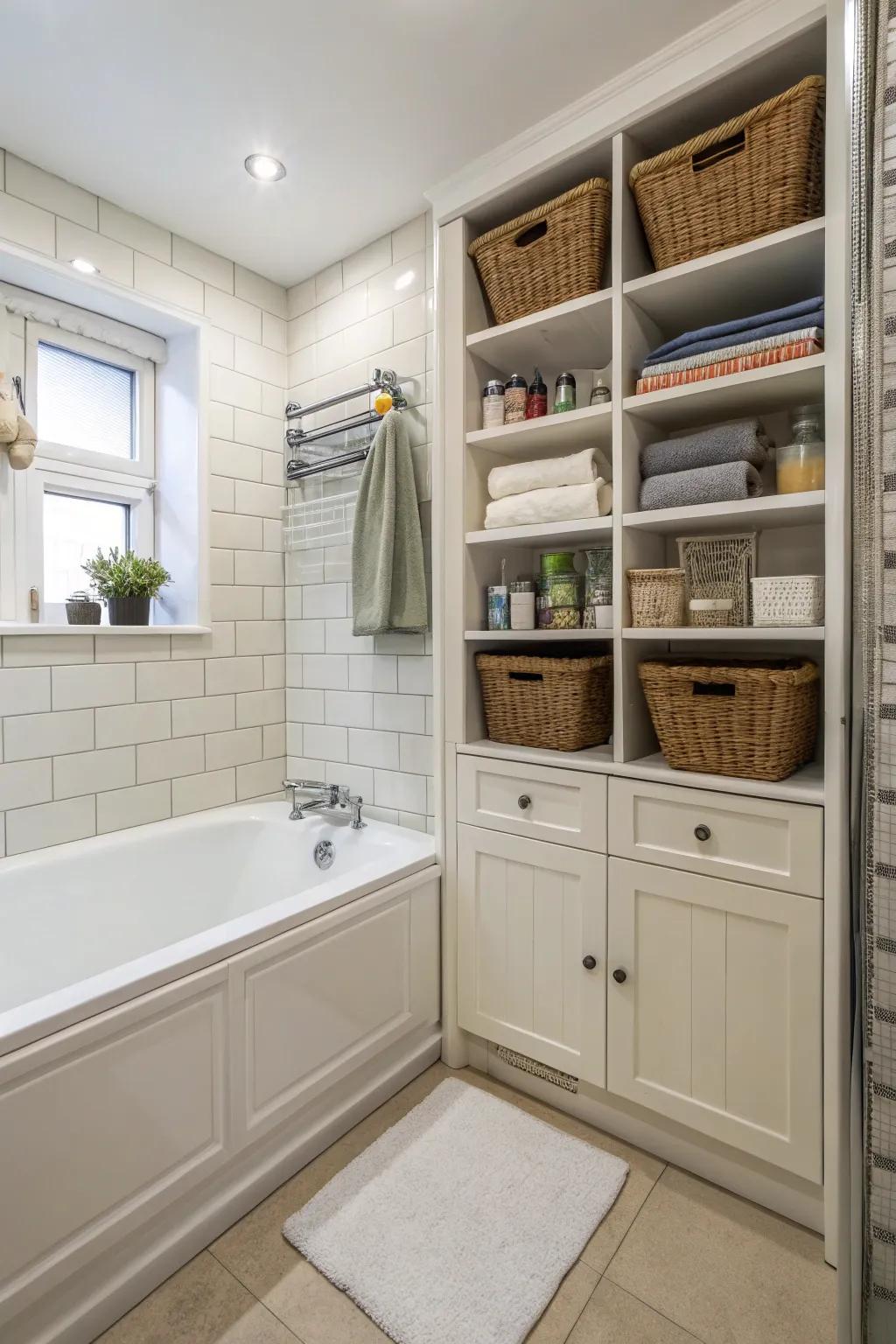 A compact layout featuring integrated storage maximizes the space surrounding the bathtub.
