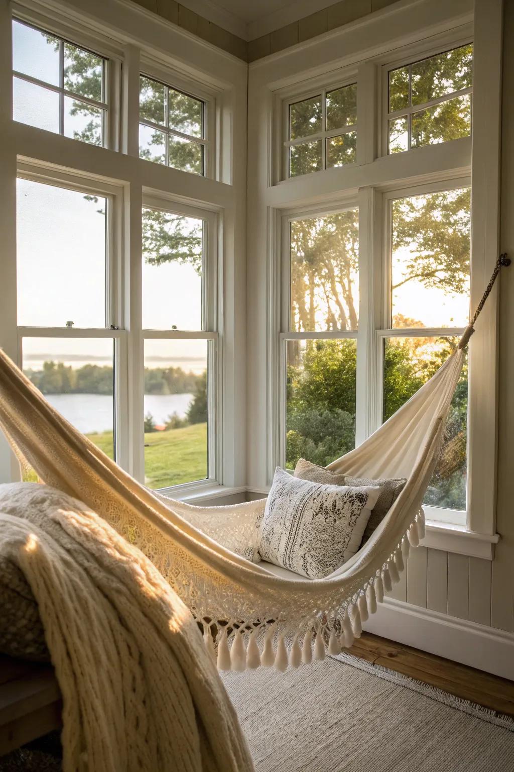 A hammock adds a playful and relaxing vibe to your bay window area.