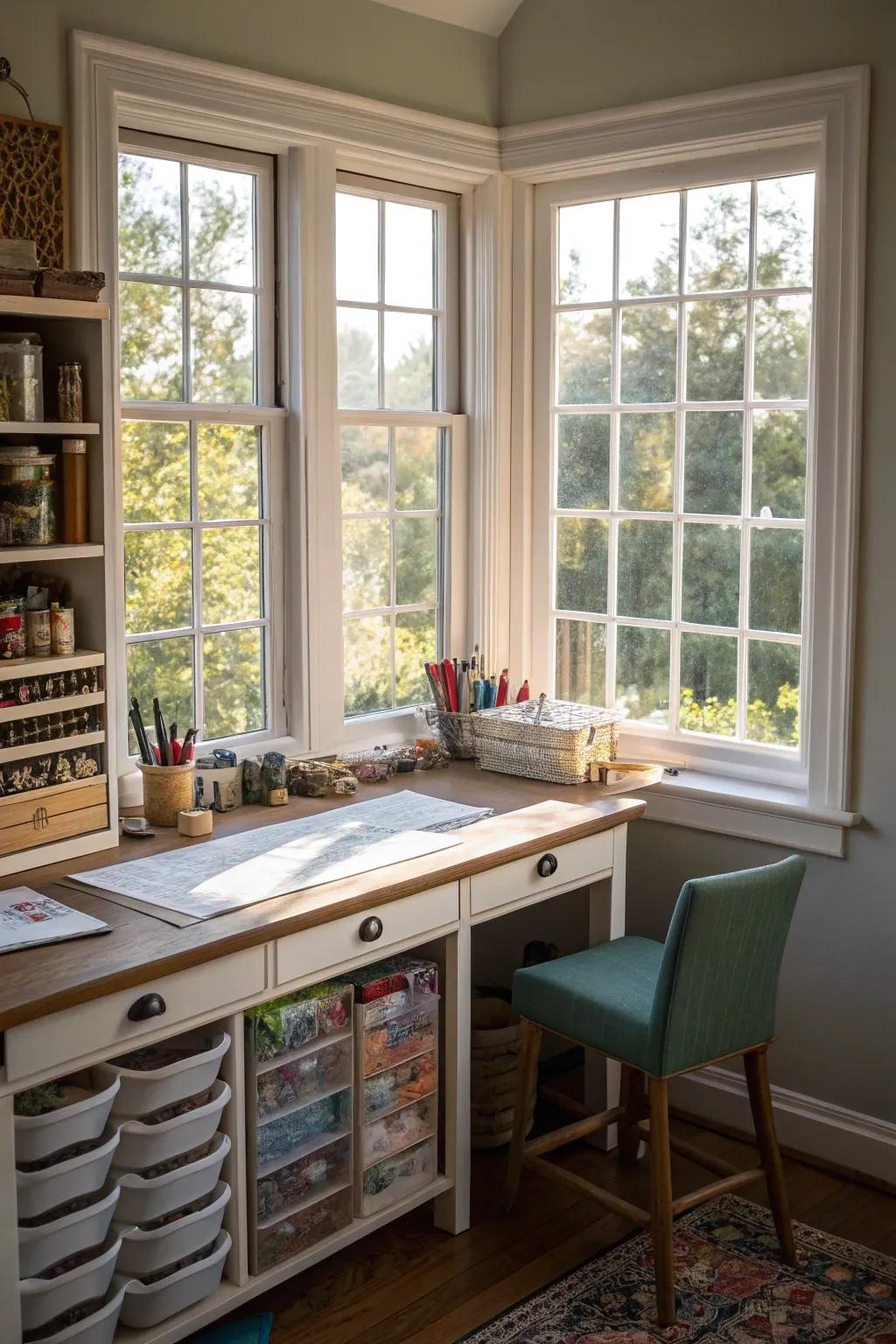 A bay window craft area is an inspiring spot for creativity under natural light.