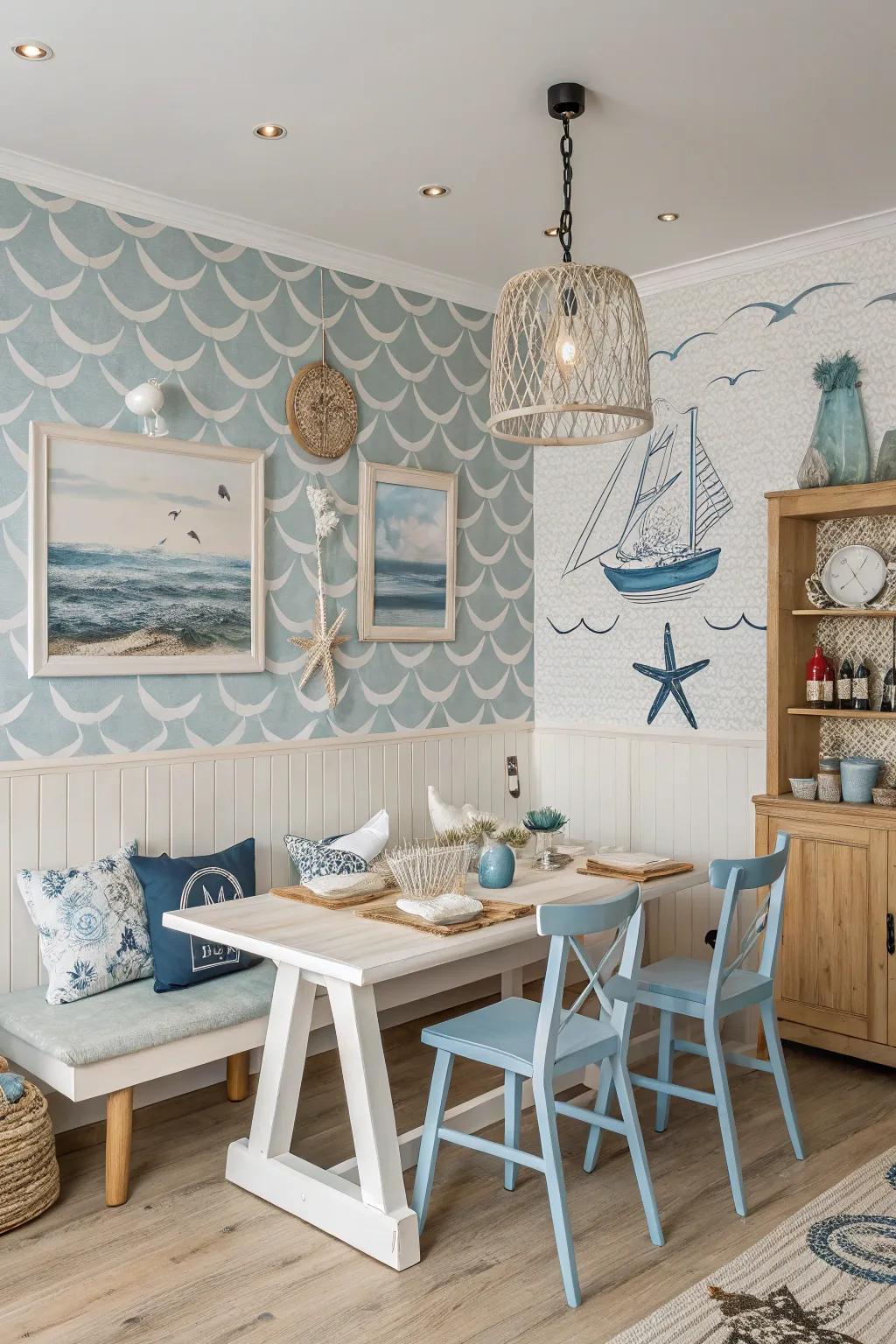 Alter your space using seaside-themed wallpaper for a coastal atmosphere.