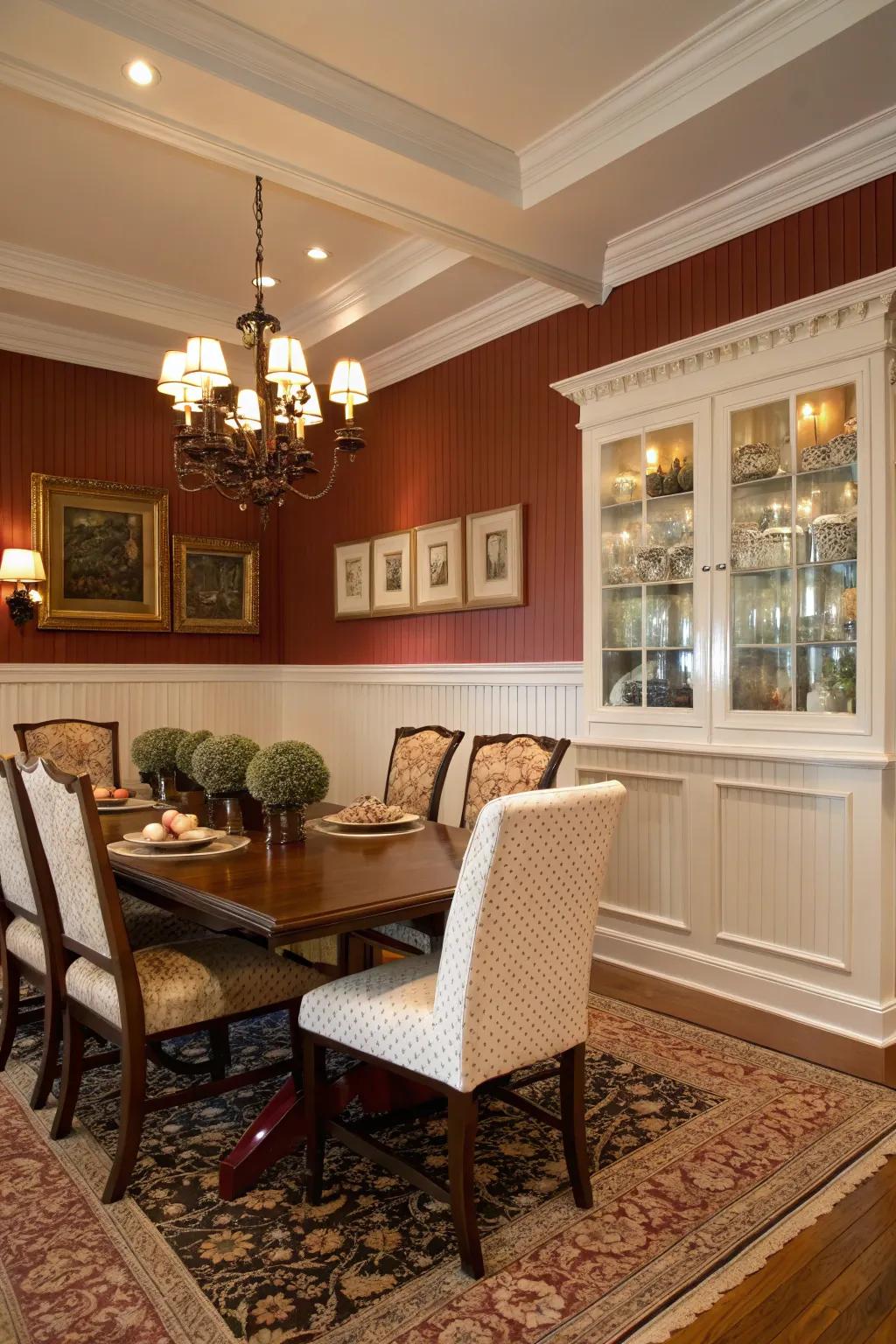 A sophisticated dining space with audacious paneling divider.