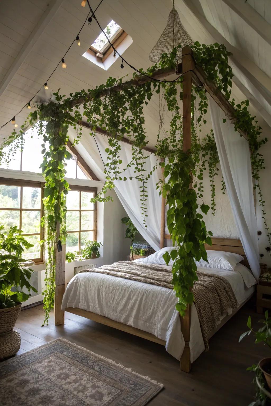 Hanging plants blend with the awning, adding natural beauty.
