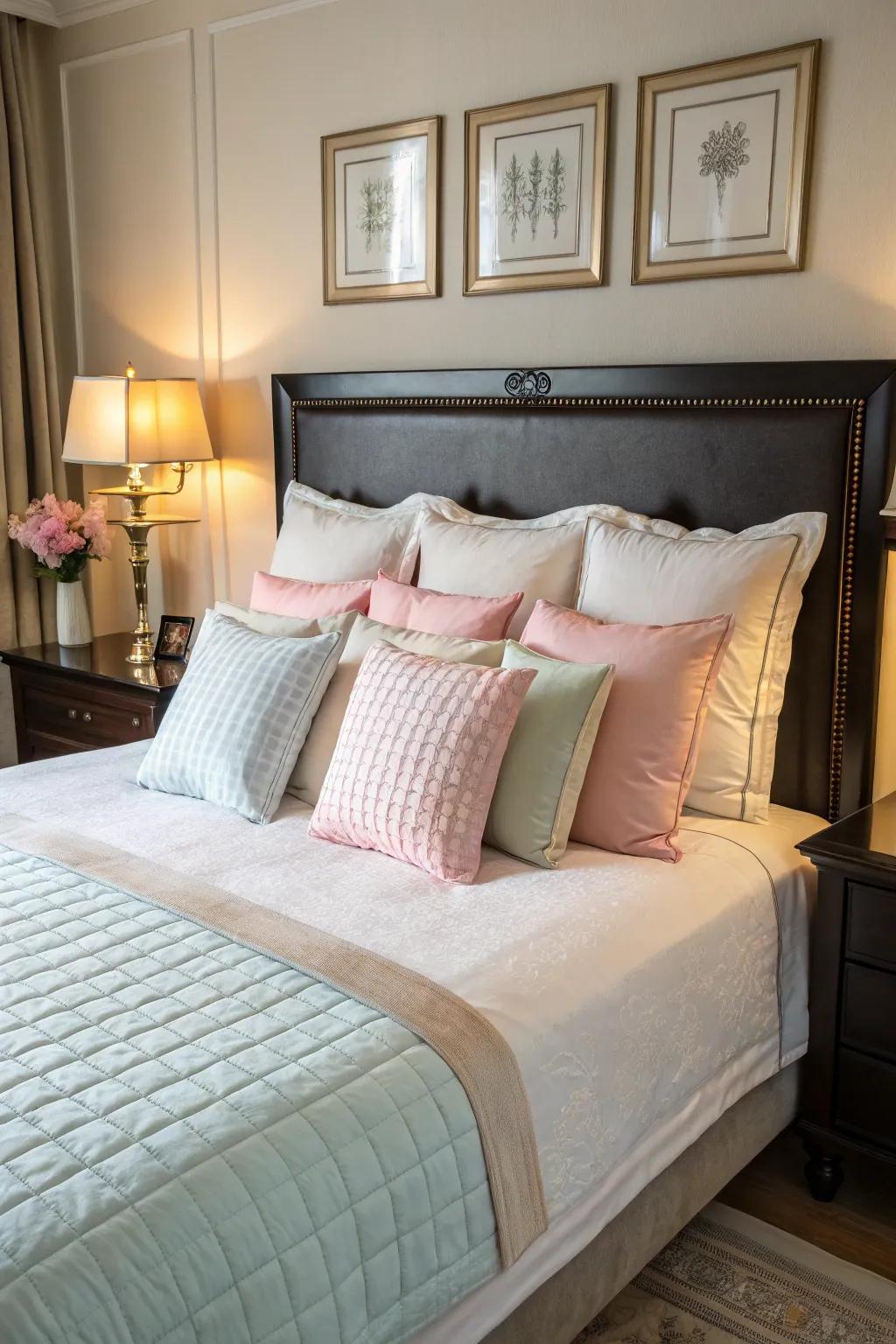 Accentuate your headboard through strategic cushion arrangements.
