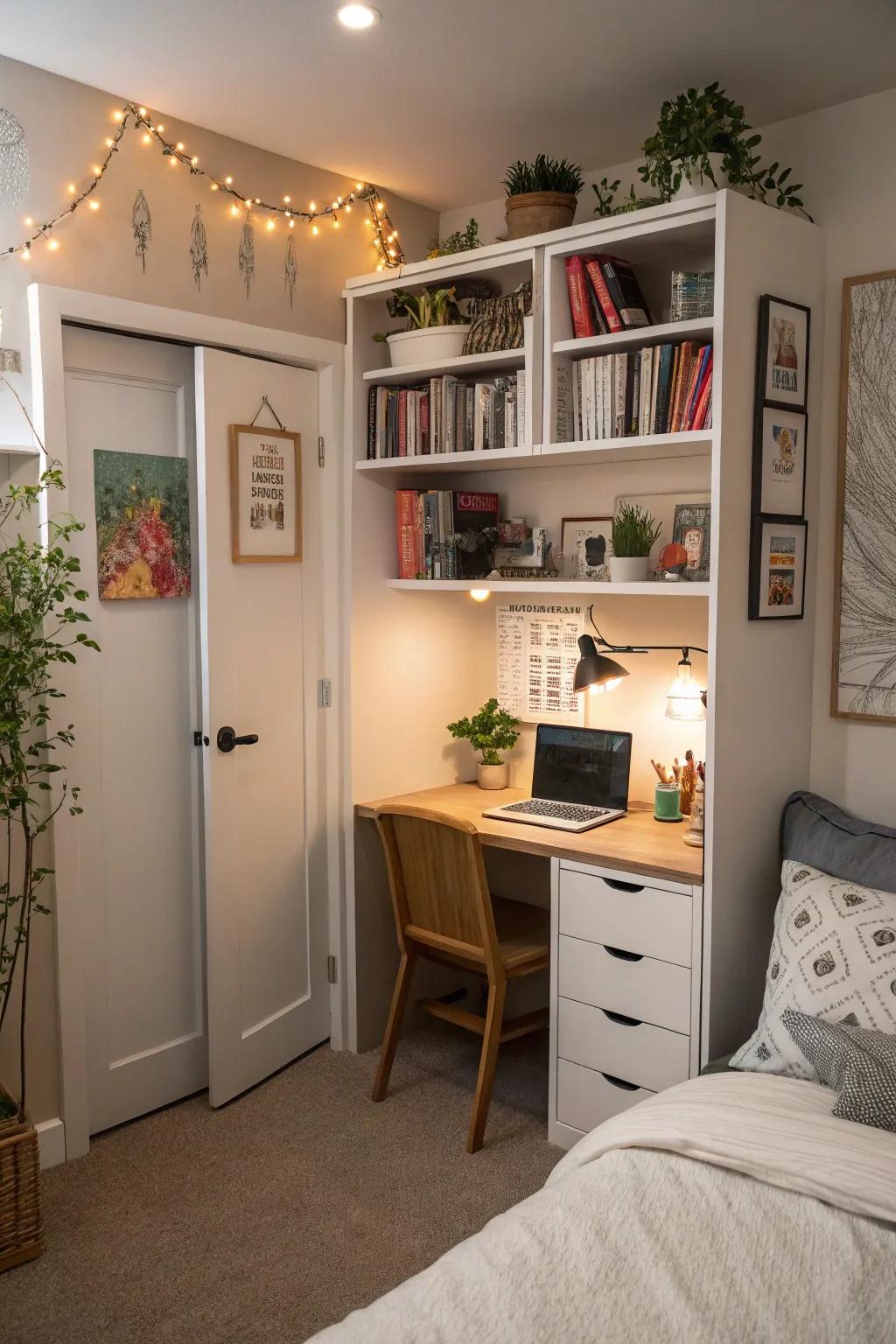 Integrate a concealed workspace within a cubby, ensuring cohesive functionality.