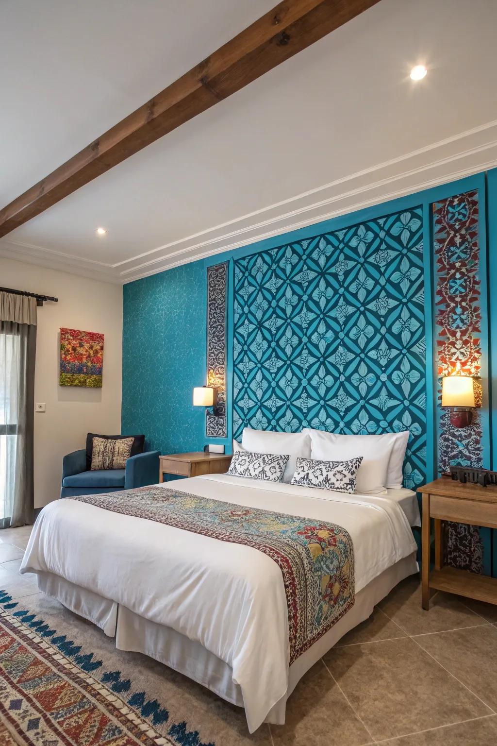 A striking feature wall introduces vibrancy to this fashionable bedroom.