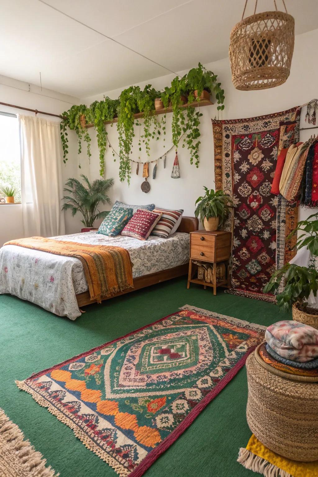 The green carpet gains texture and colour from layered rugs, forging a bohemian vibe.