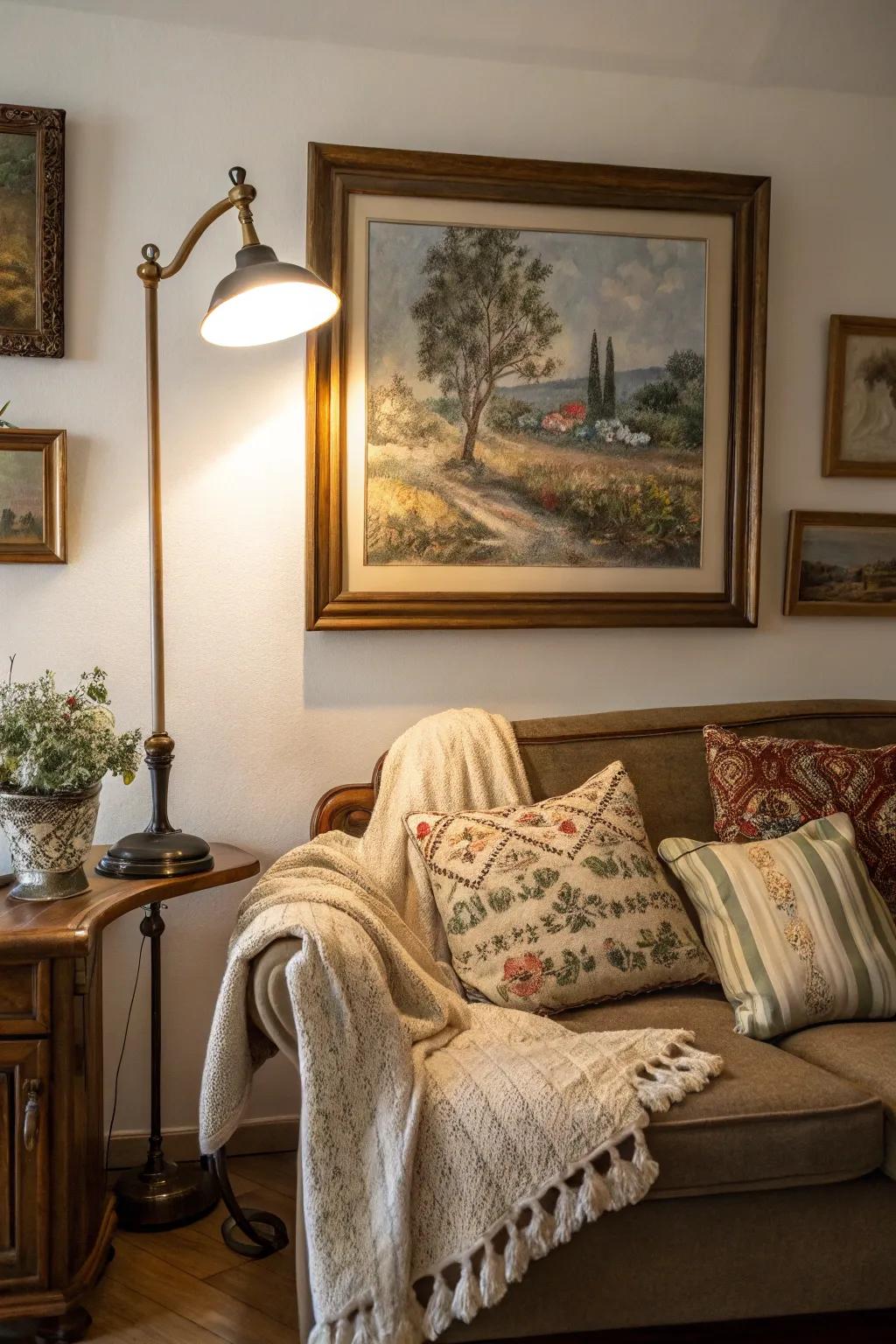 Artwork illumination casts a gentle glow over a framed painting