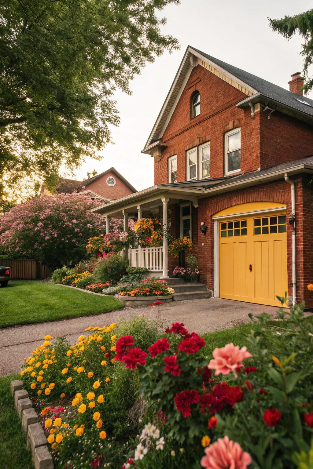 A sunny garage door adds a cheerful burst of color to red brick.