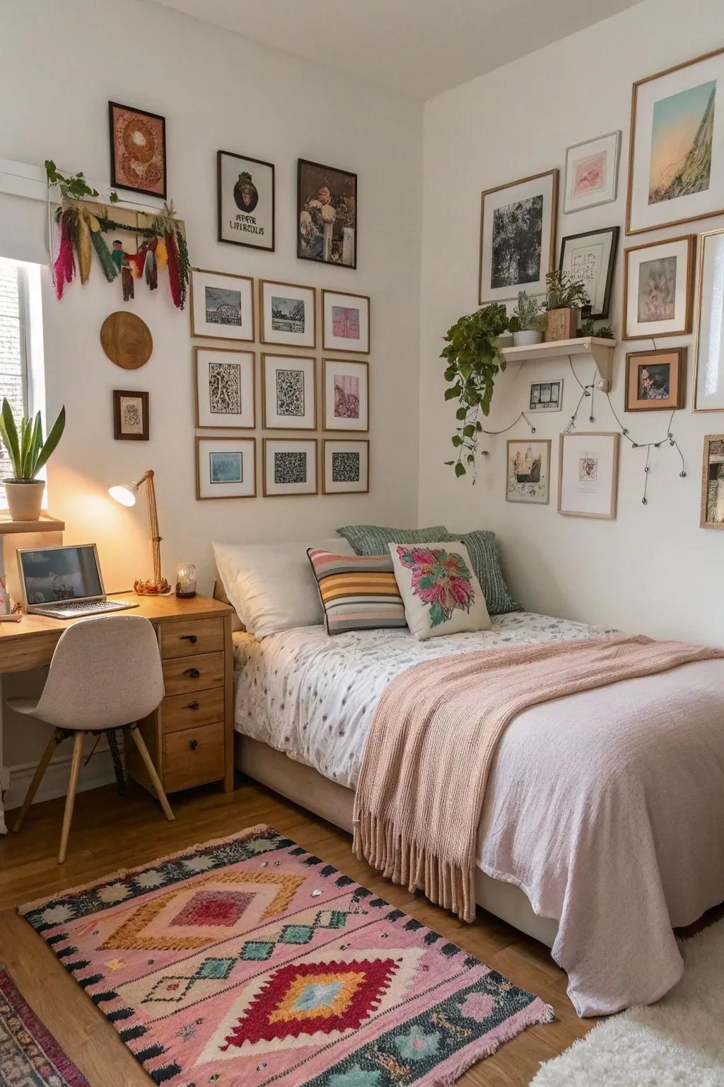 A sizable bedroom individualized with distinctive art pieces and decor.