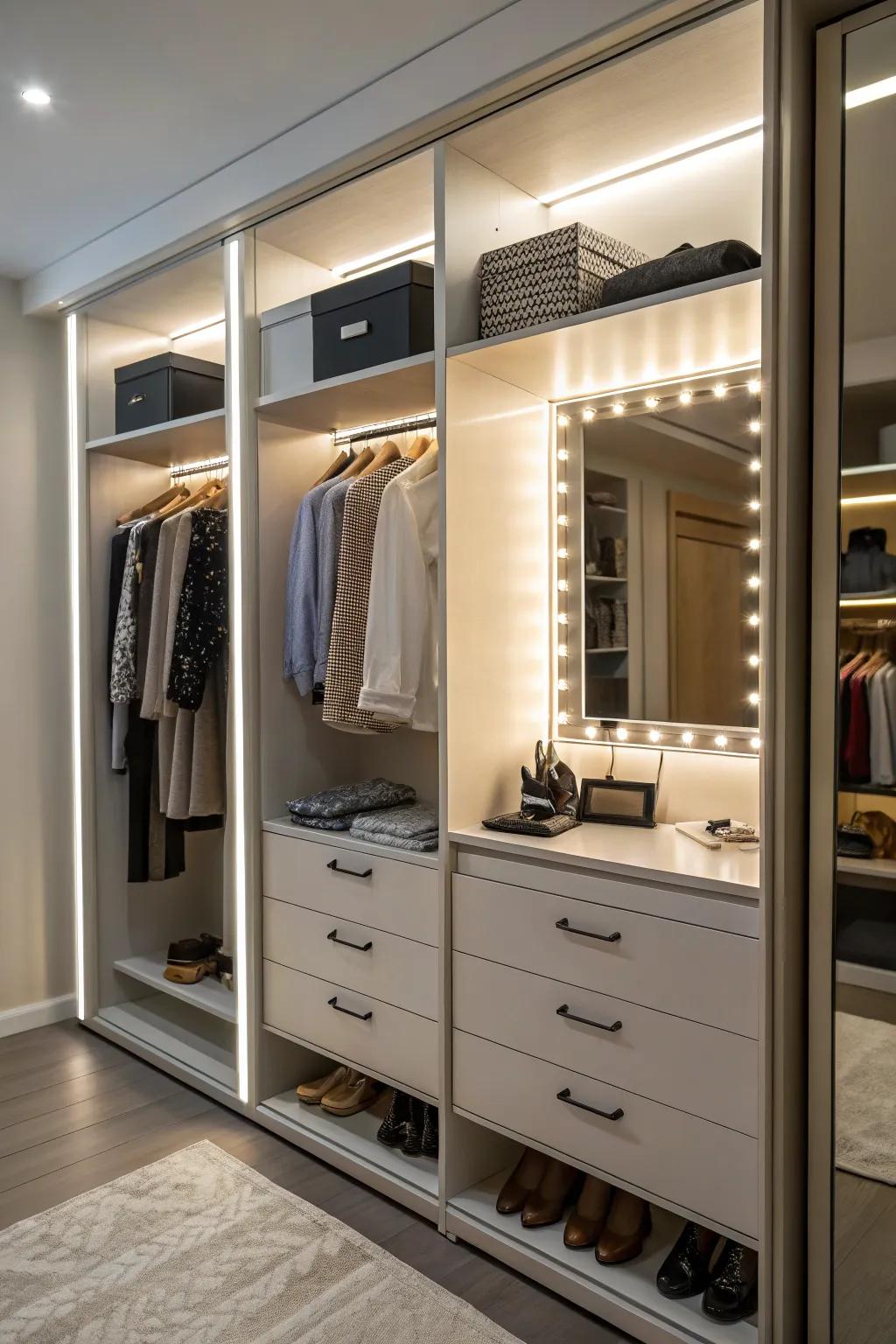 A closet with built-in lighting highlighting the shelves and mirror area.