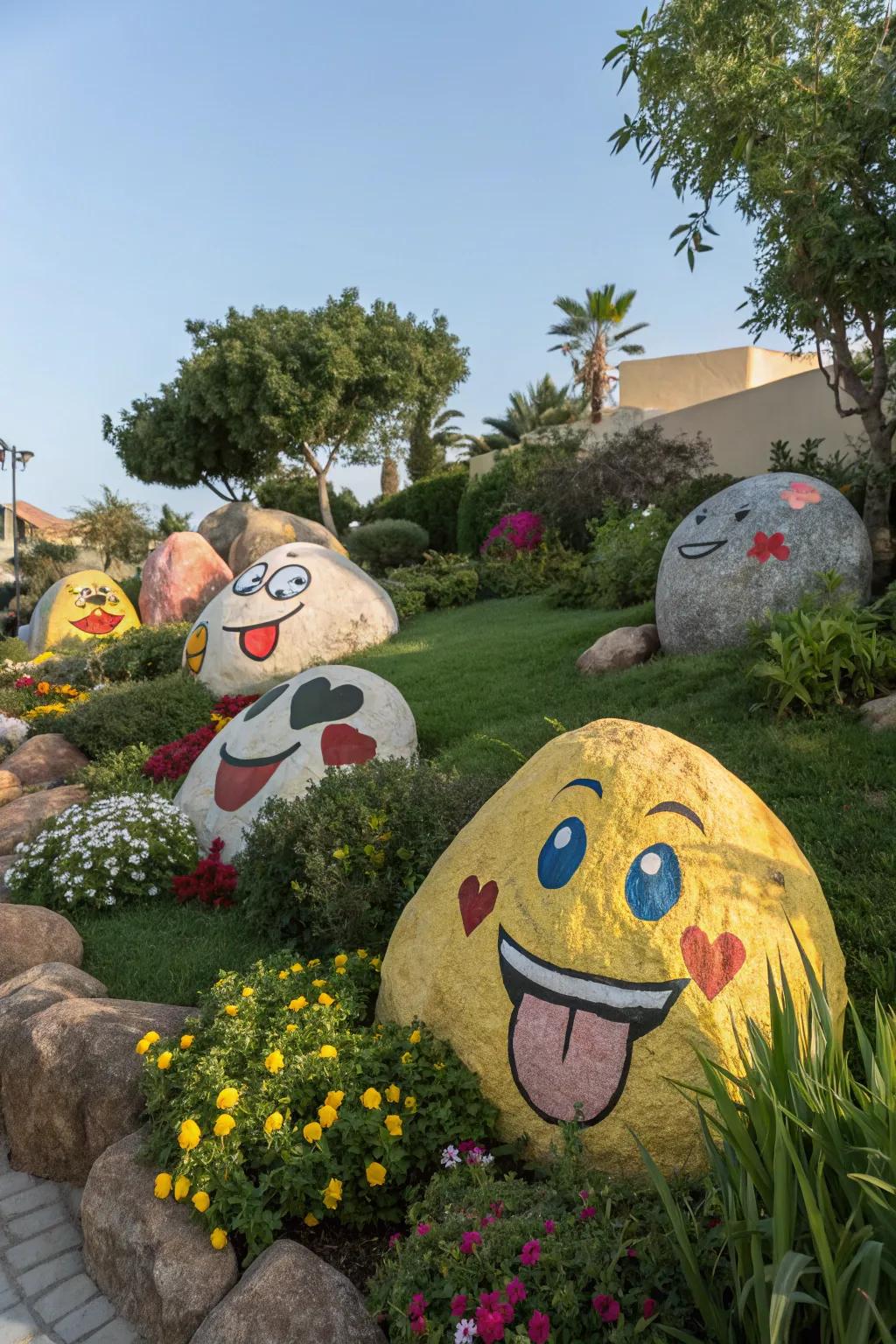 Add delight to your garden with expressive emoticon stones.