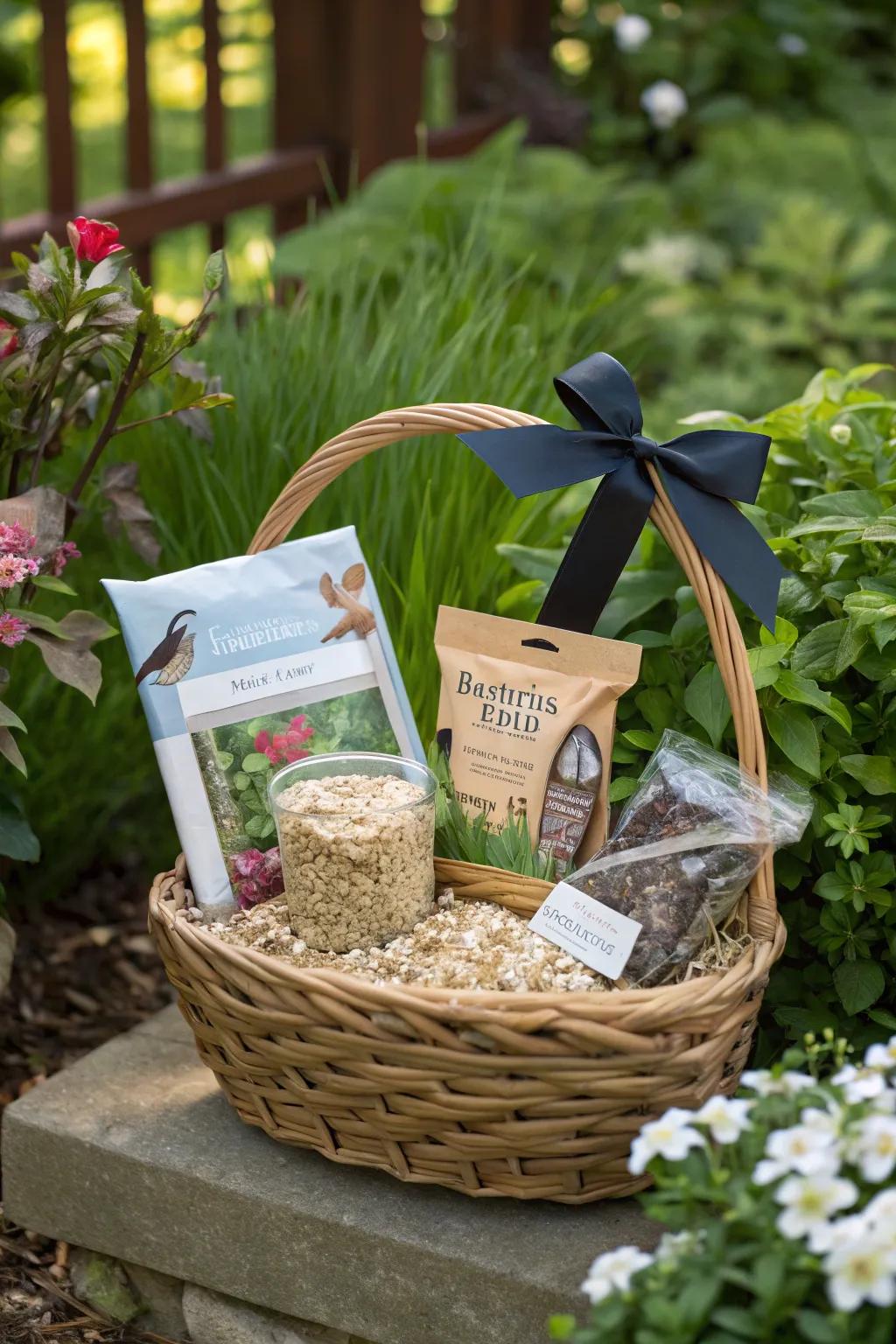 A bird feeder gift basket that provides a thoughtful and complete gift.