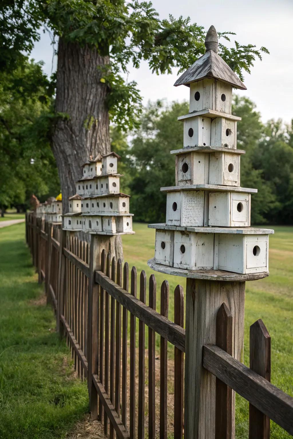 A tiered configuration of avian dwellings engenders a dramatic presentation atop the fence.