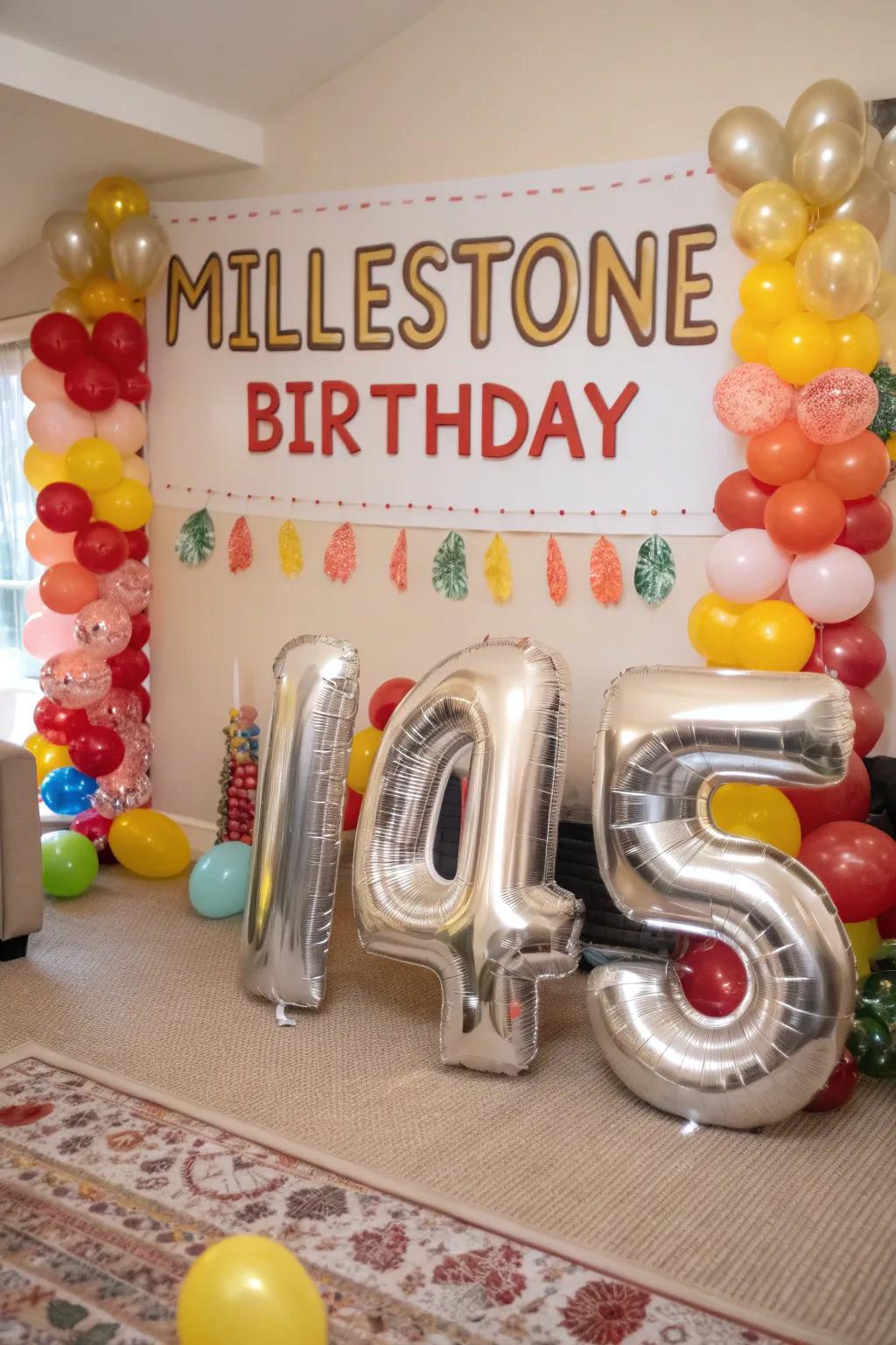Large number balloons emphasize a milestone birthday within a festively decorated setting.