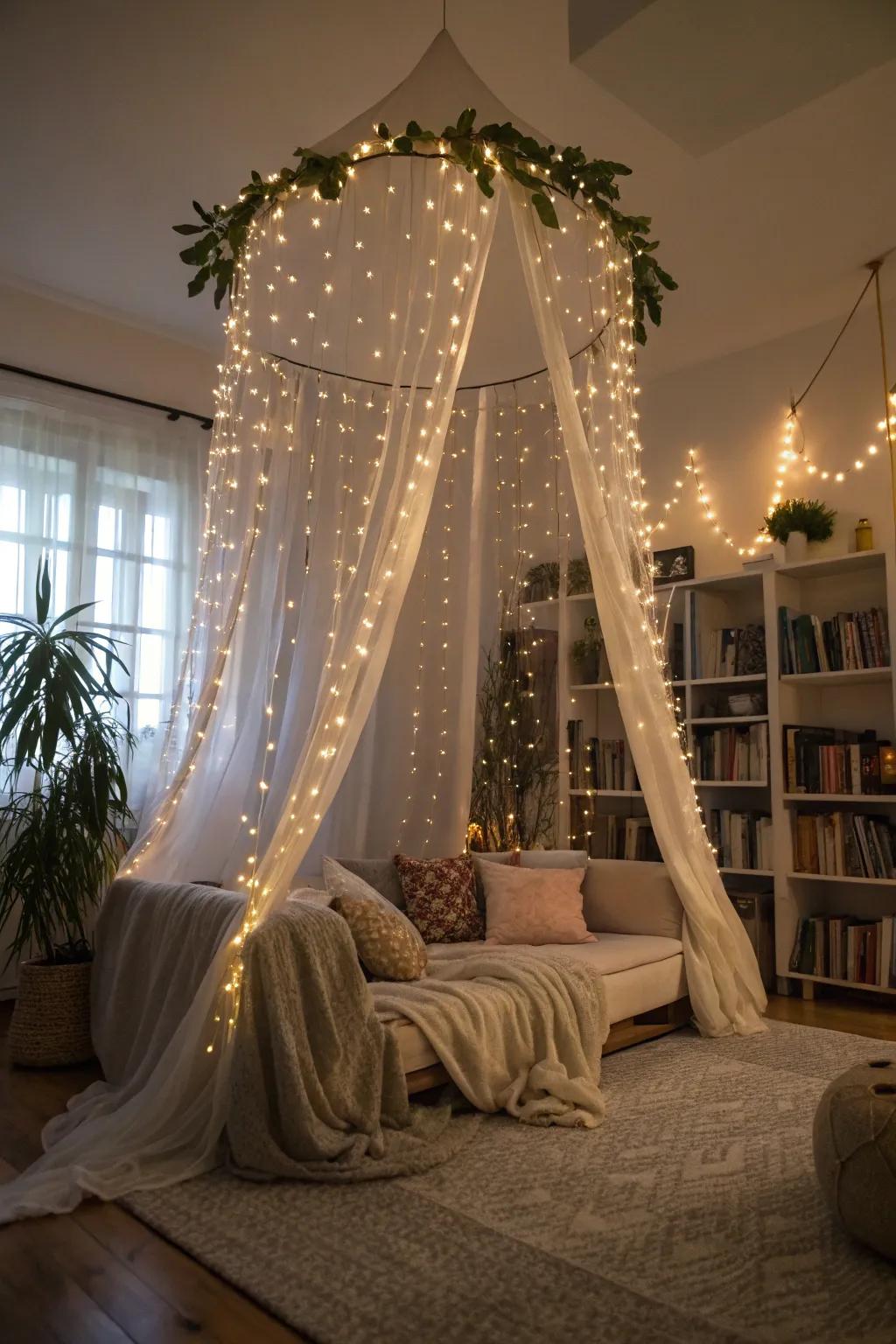 An enchanted overhead light display infusing charm into the ambiance