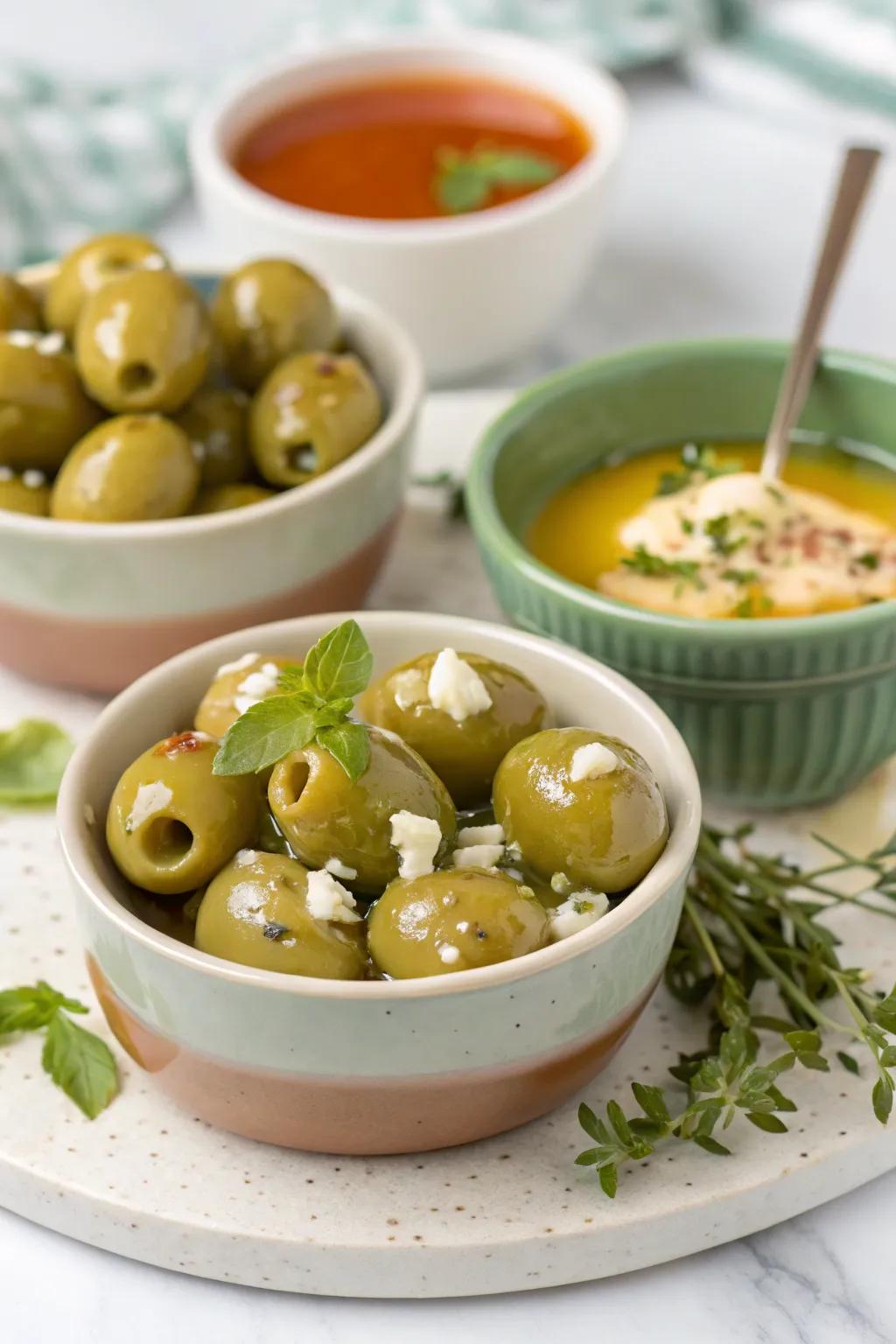 Appetizing cheese-injected olives, a flavor-intensified delicacy.