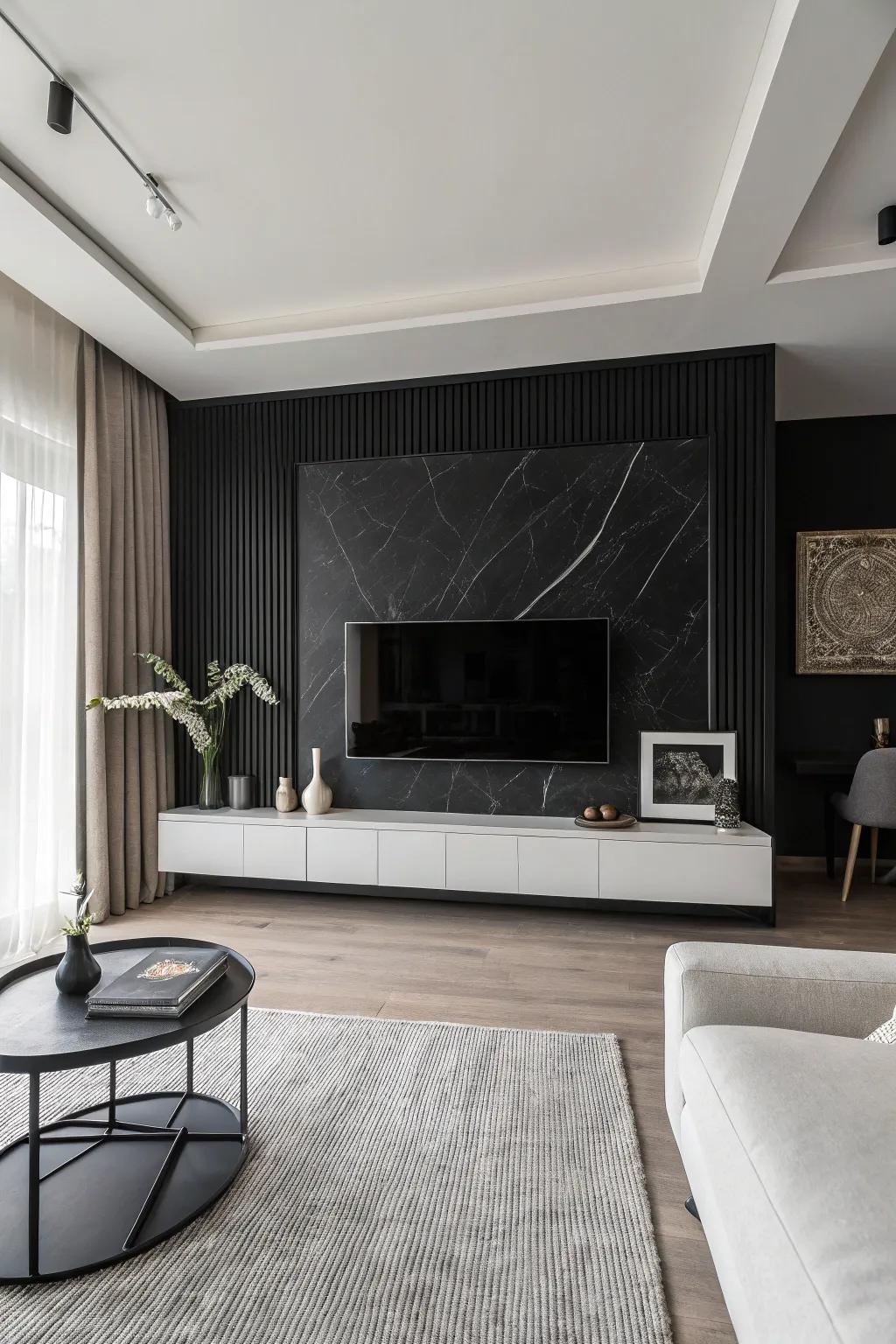 Monochrome decor delivers a refined, contemporary contrast to a dark-painted focus wall.