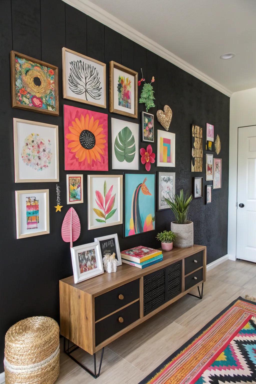 An ebony accent wall festooned with vibrant artwork, fabricating a captivating visual resonance.