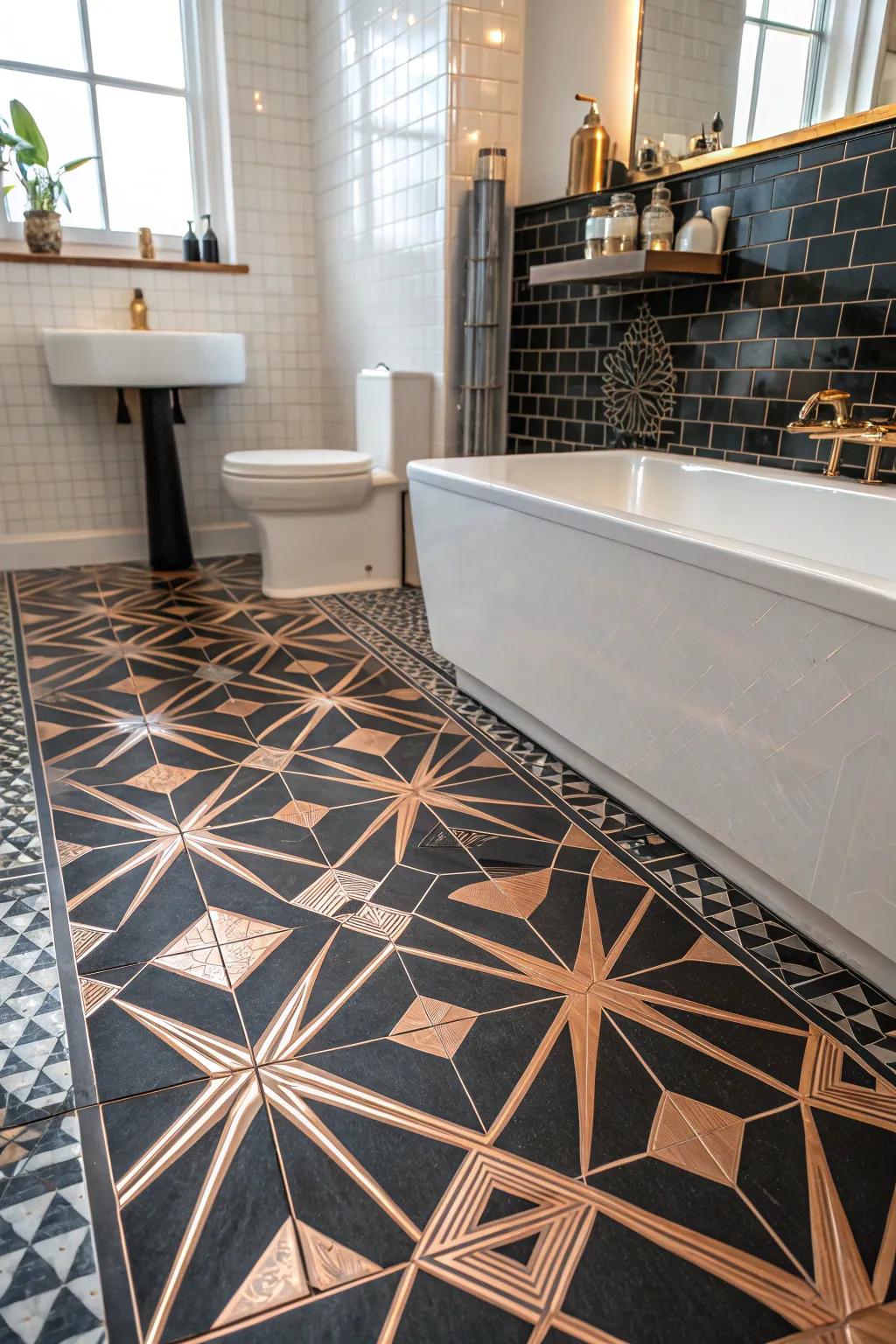 Geometric patterns add a bold statement to the bathroom floor.