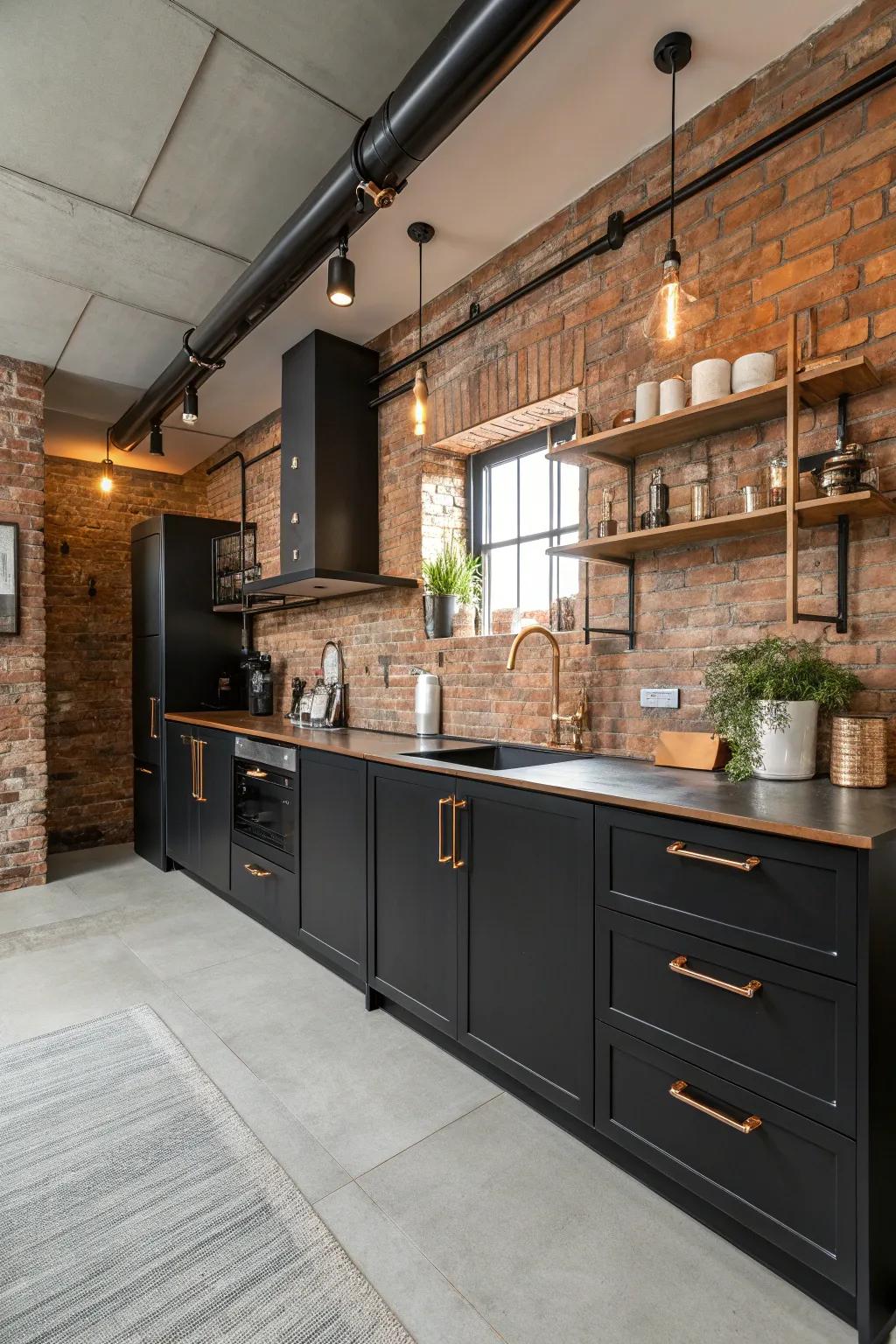 Industrial elements add a stylish, urban feel to a black and bronze kitchen.