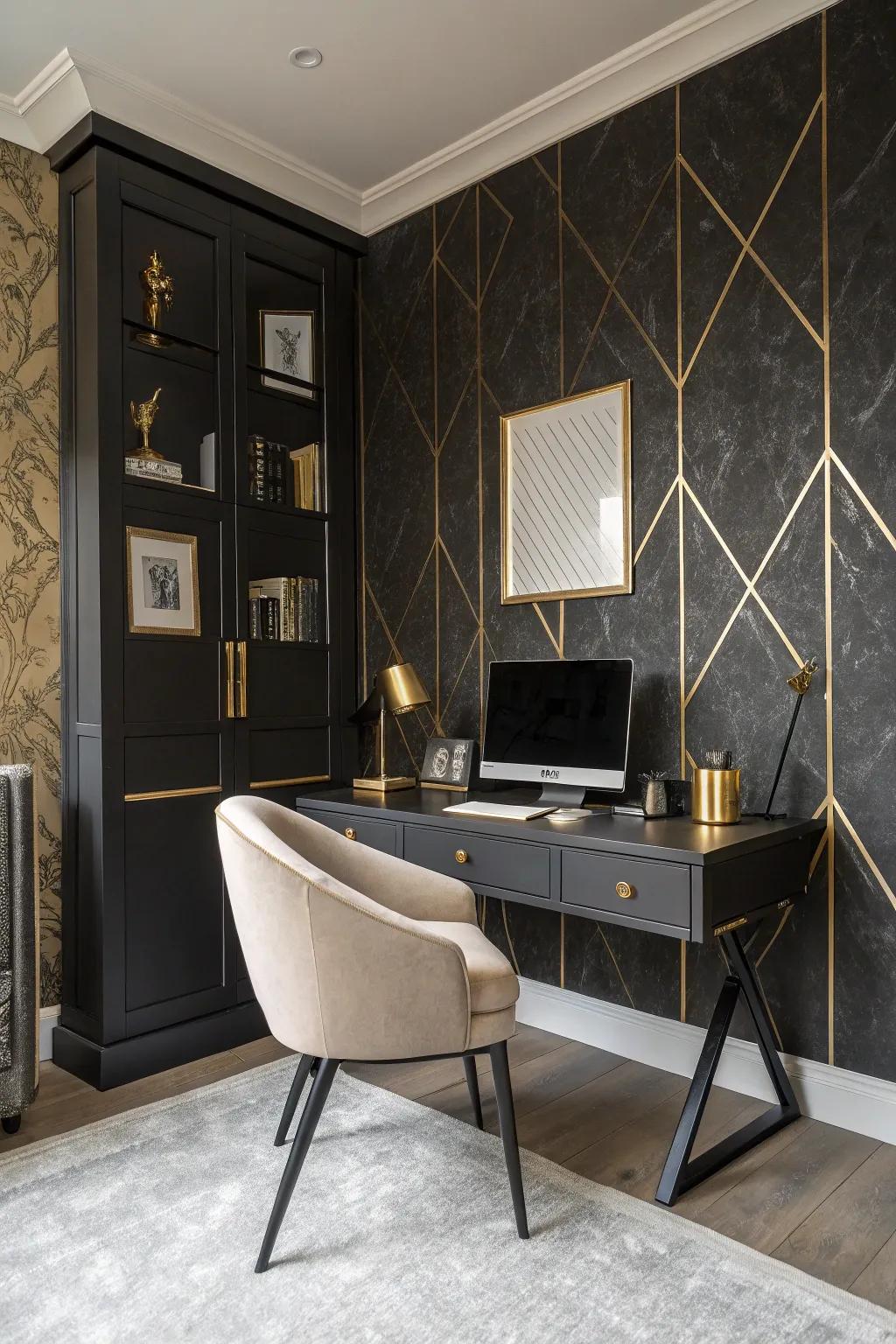 Textured walls, embellished with gilded accents, impart significance and opulence to your office.