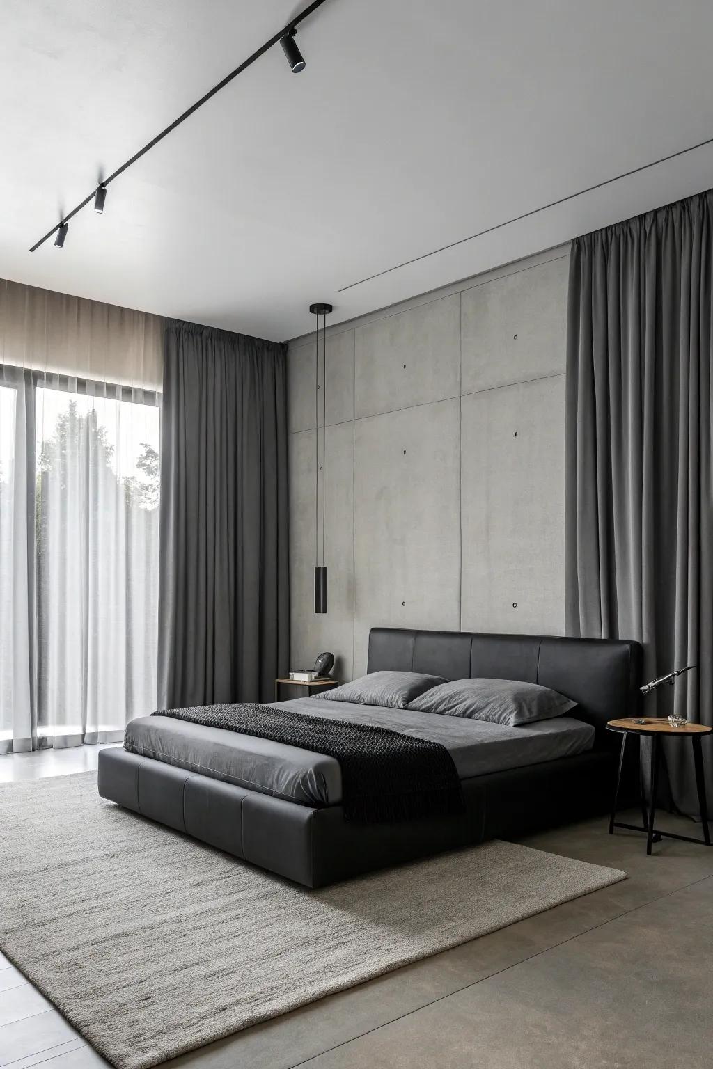 A minimalist black and grey bedroom featuring sharp lines and understated forms.