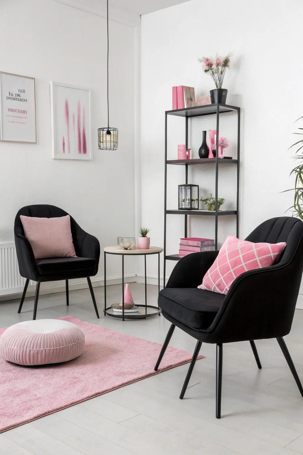 A minimalist design with black and pink elements creates an elegant space.