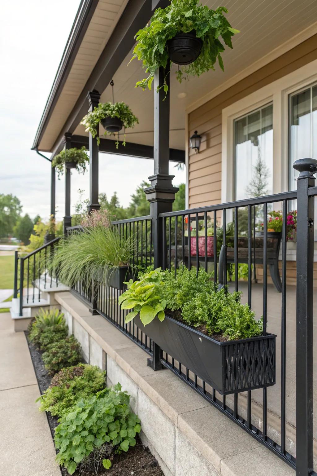 Incorporate greenery with railings for an organic veranda atmosphere.