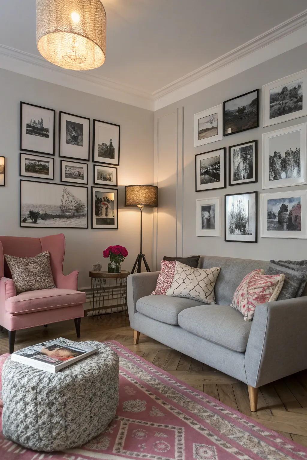 Black and white portraiture lends an artistic impression to the room.