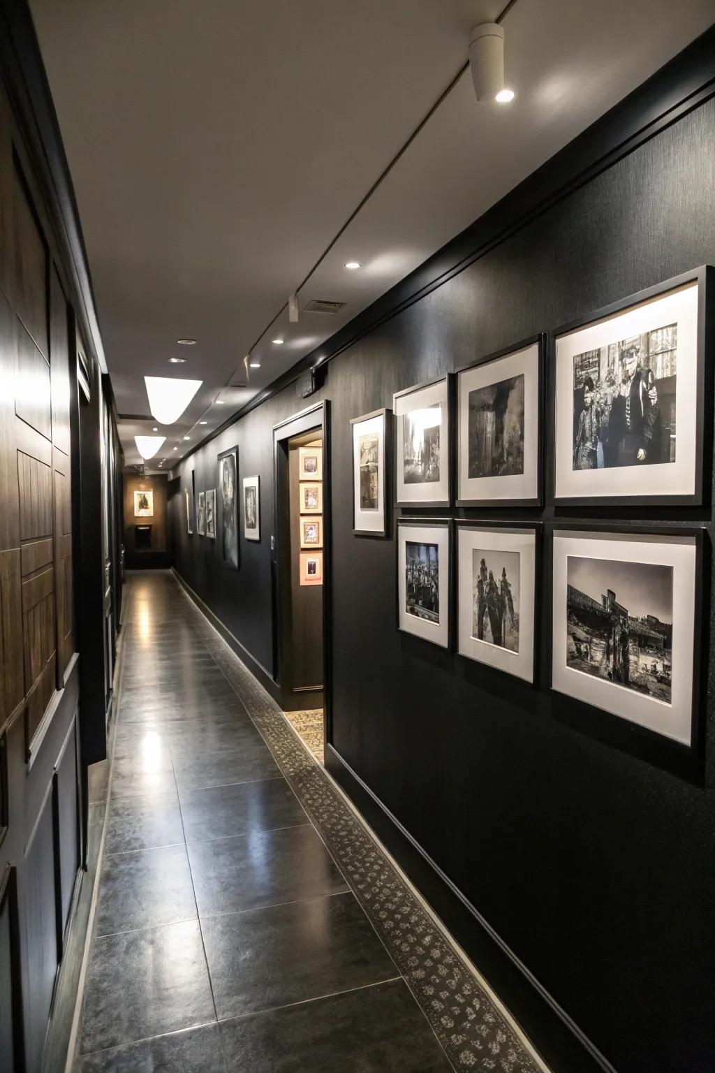 A themed wall infuses a personal element into a black hallway.