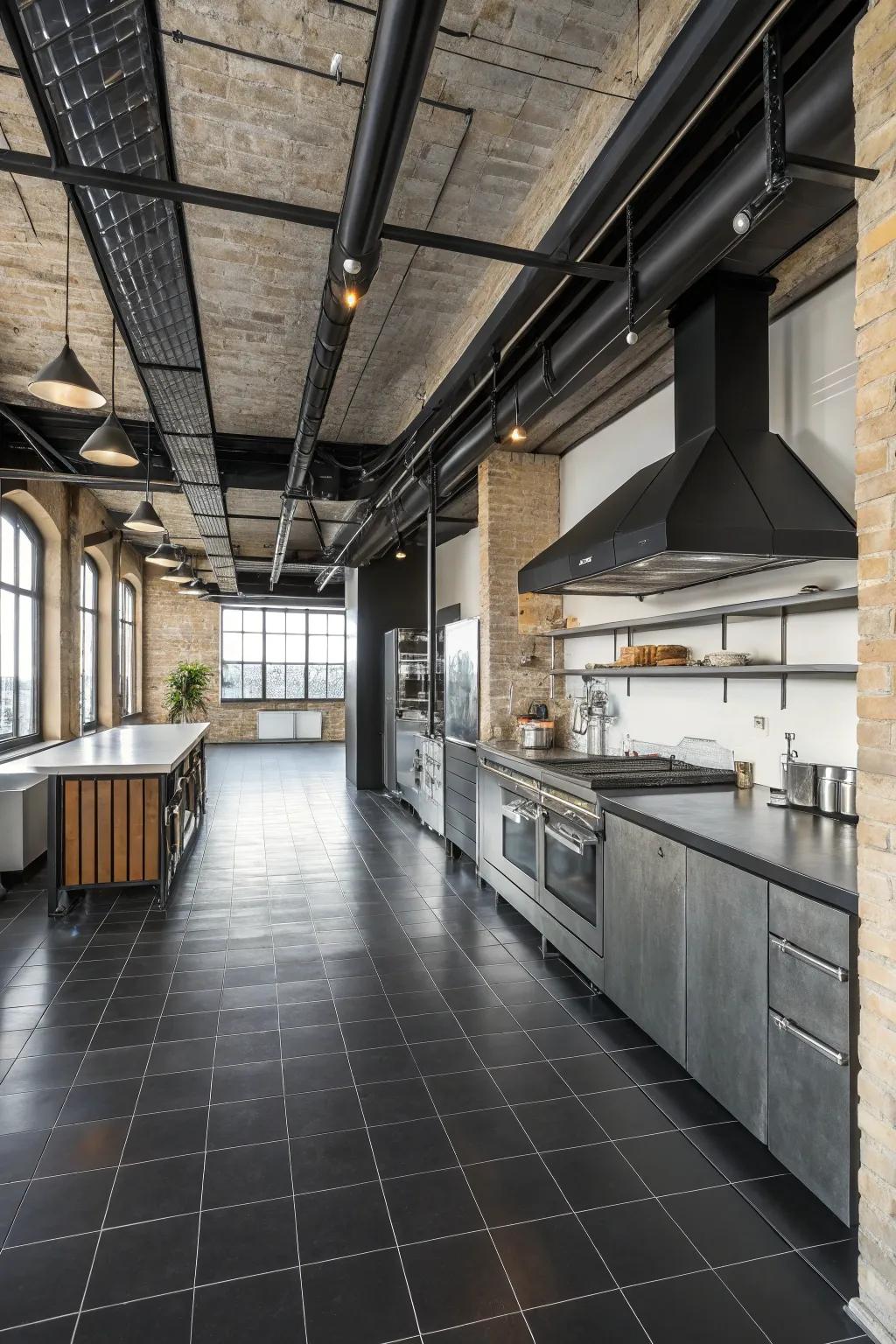 A manufacturing facility-style kitchen that couples dark floors with metallic accents.