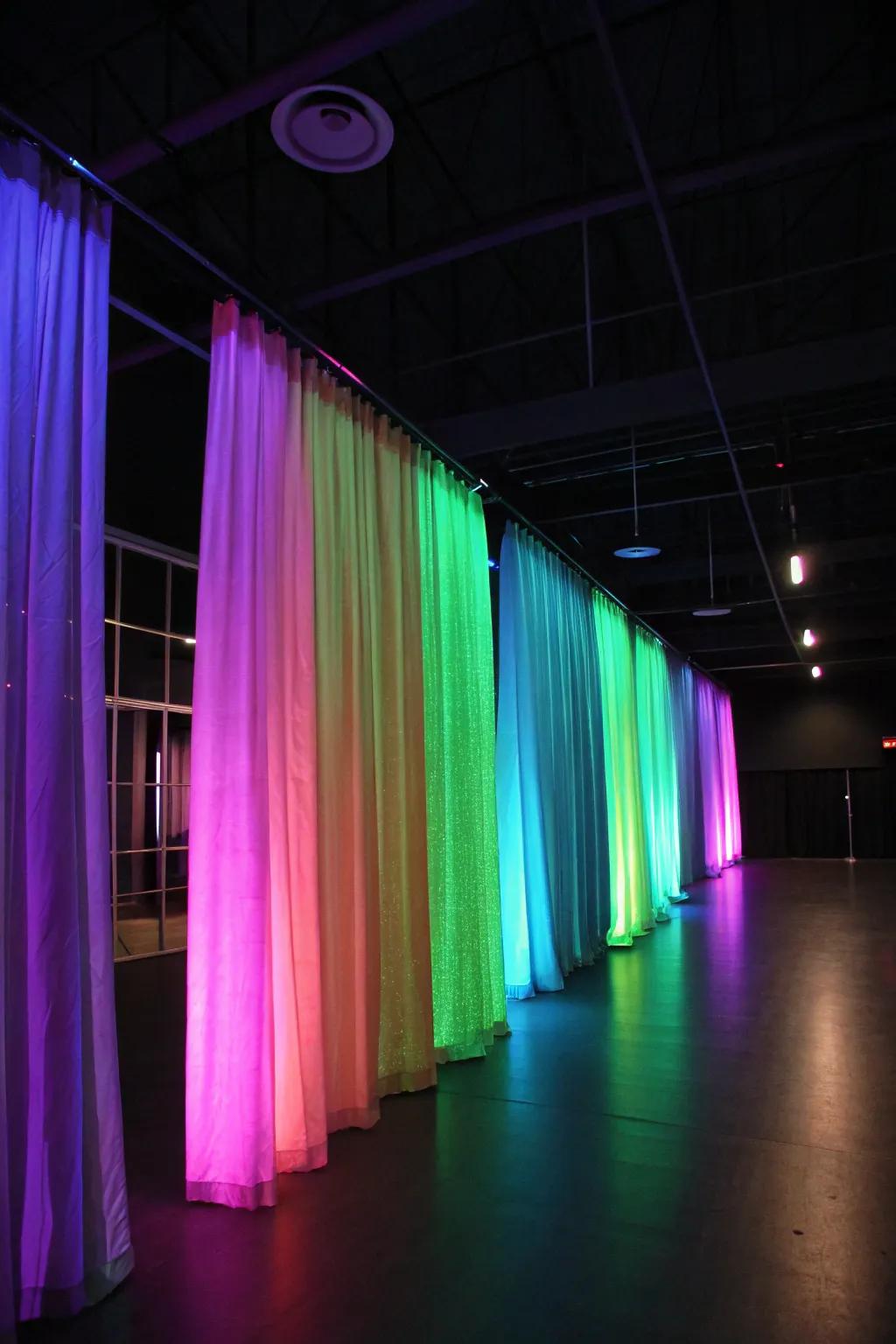 Gleaming window coverings frame the view with a colorful radiance.