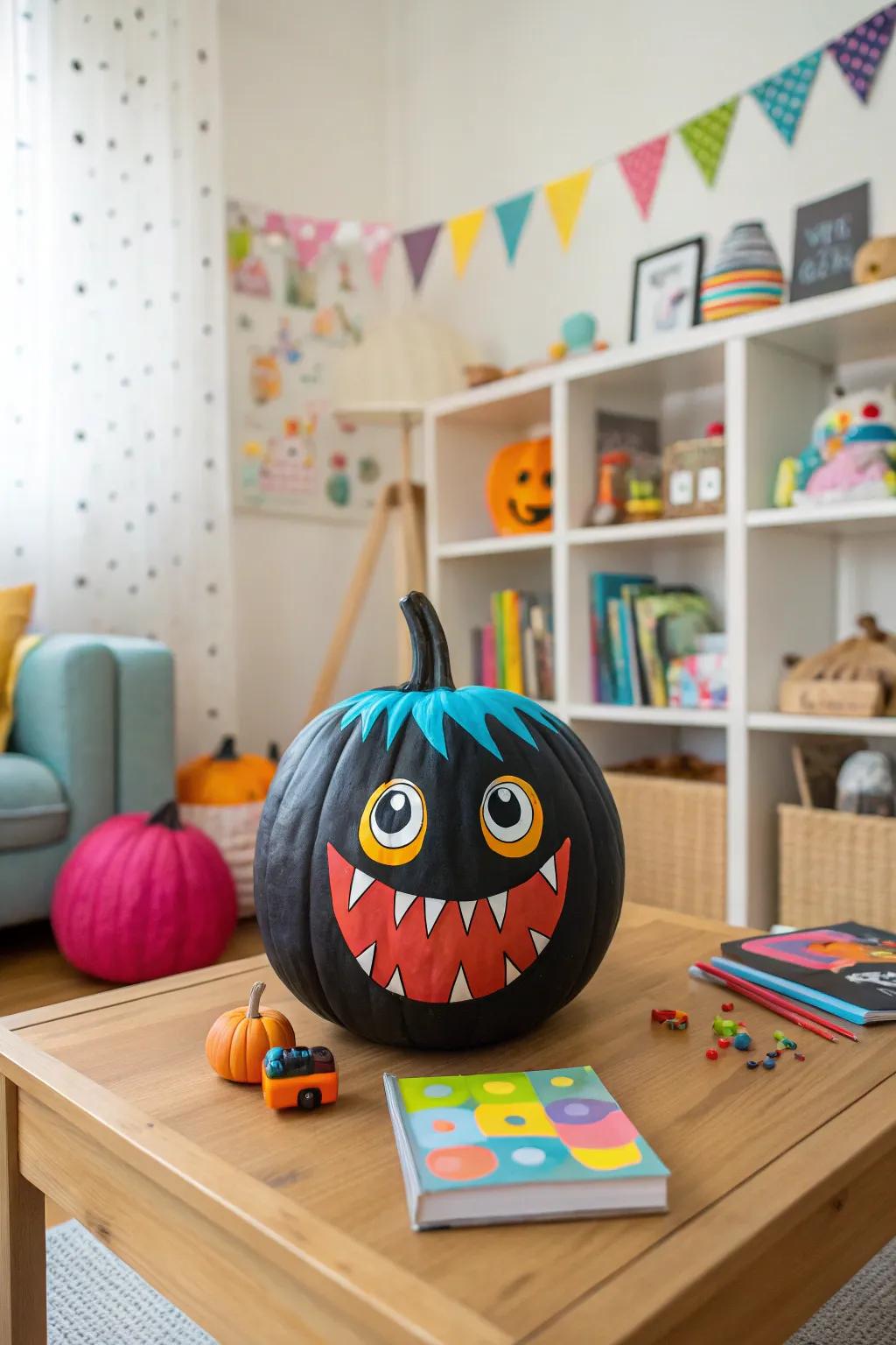 A delightful dark-hued pumpkin with a fiend visage, ideal for a child-amicable All Hallows' Eve.