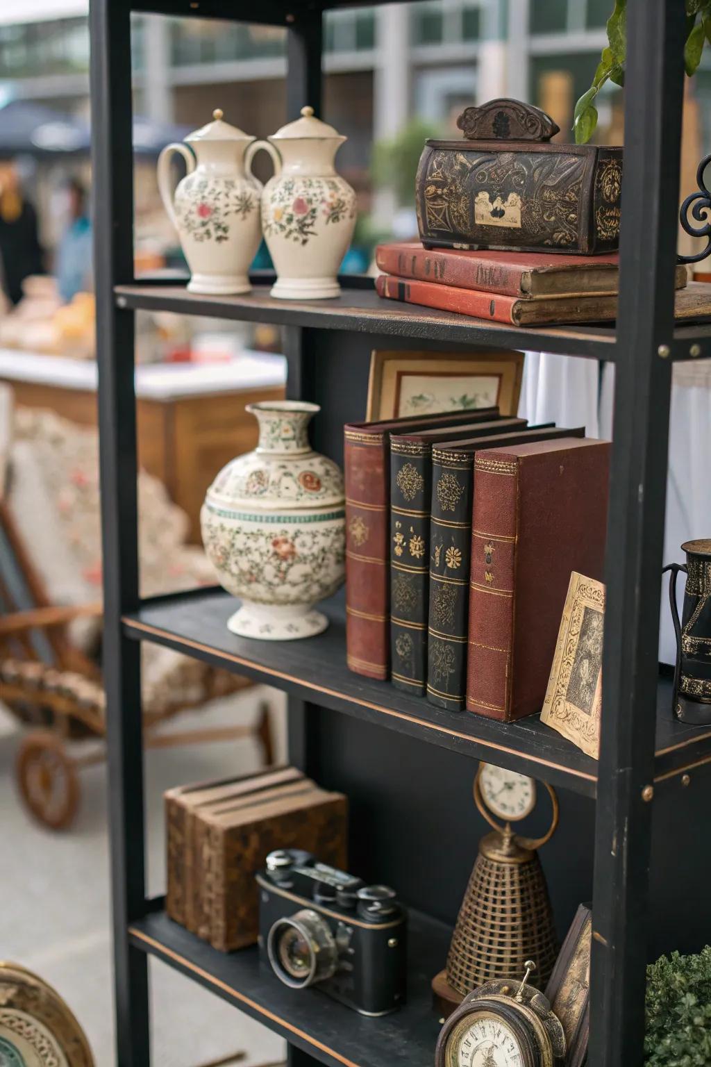 A themed assortment of vintage articles forging a cohesive presentation on a black shelf.