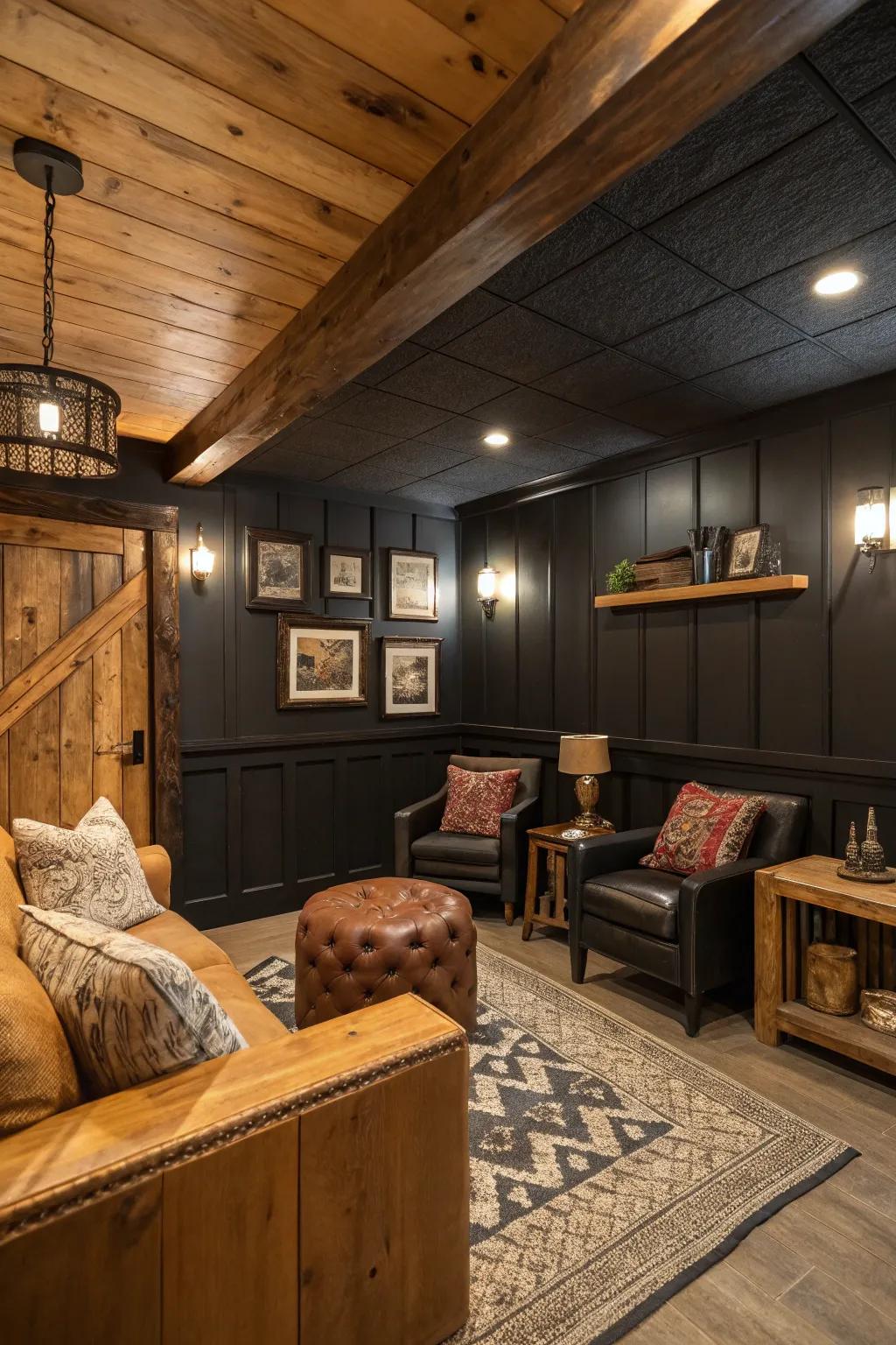 Country-inspired retreat featuring a contemporary touch of dark wainscoting.