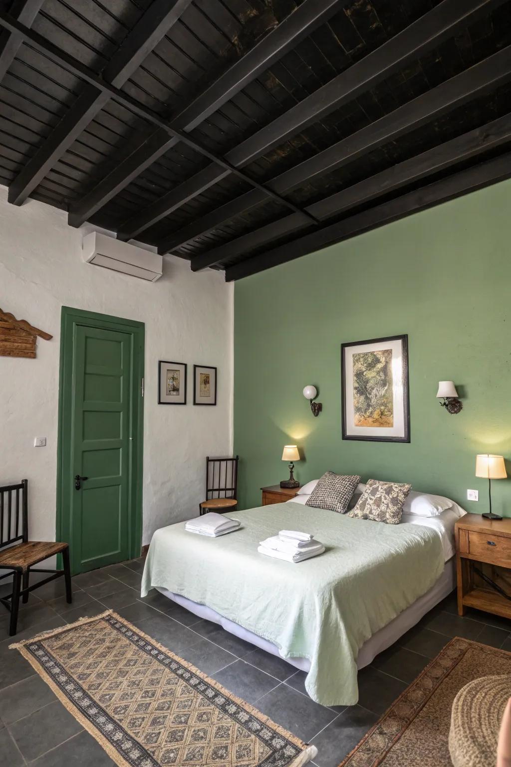 A dramatic ebony ceiling paired with green walls for a cozy effect.