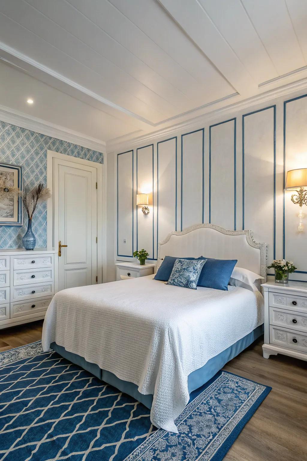 Highlight illumination adds elegance and emphasizes the aspects of a blue and white bedroom.