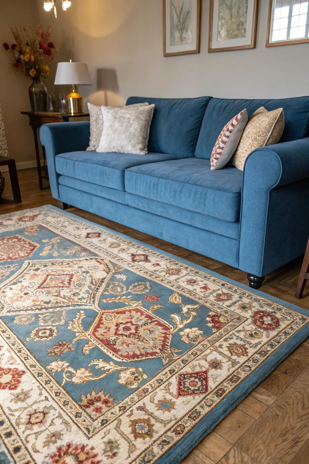 The living room gains timeless charm from a vintage rug.