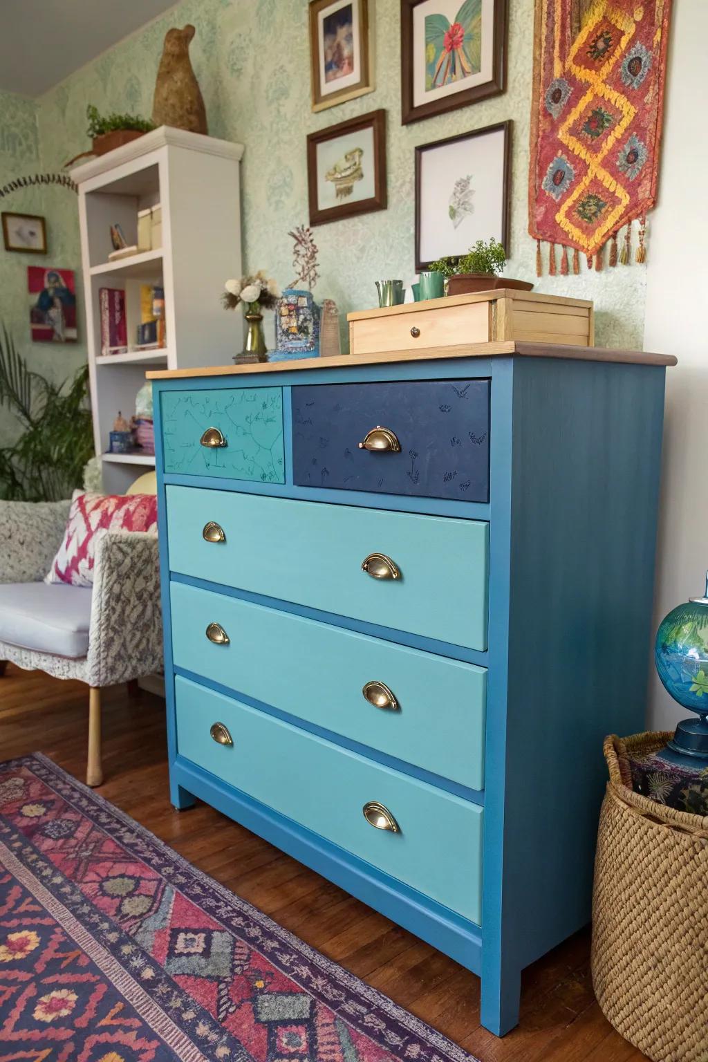 A dresser showcasing drawers in multi-shade blue, adding a whimsical element.