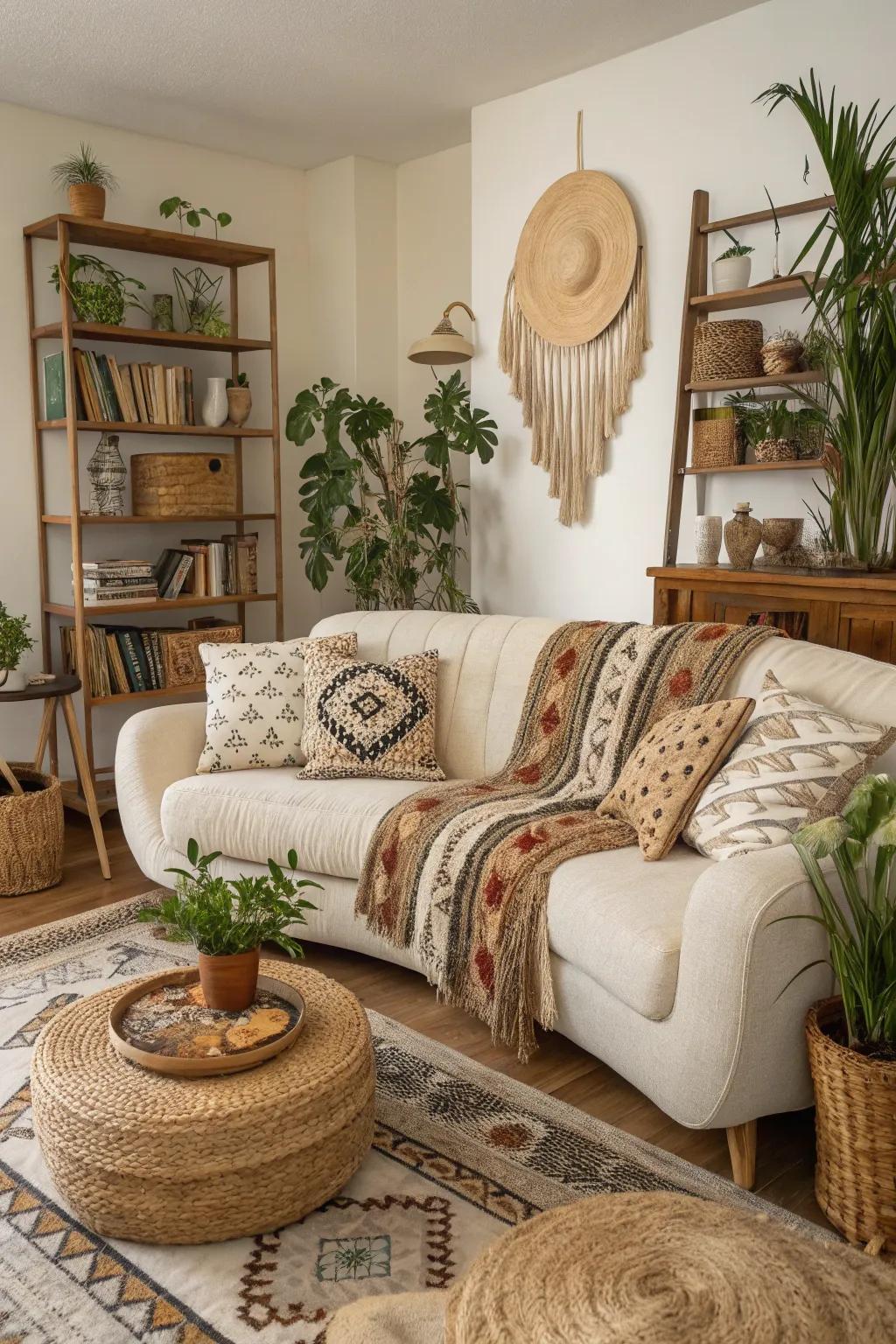 Organic shapes soften the bohemian family room.