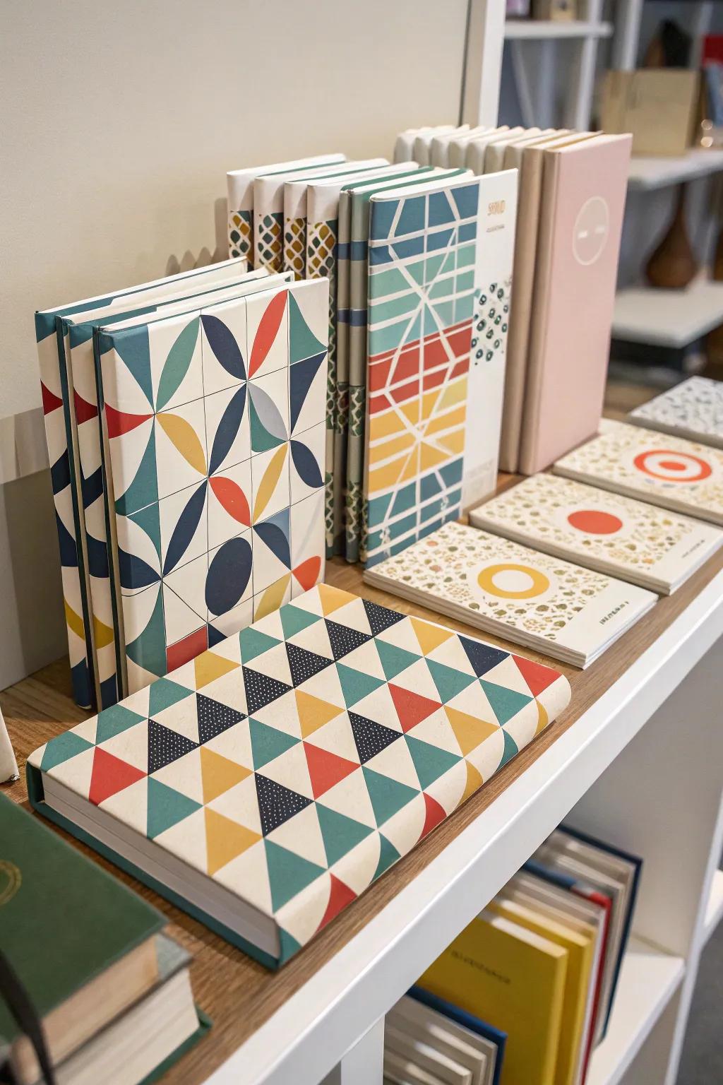Geometric patterns contribute contemporary elegance to book jackets.