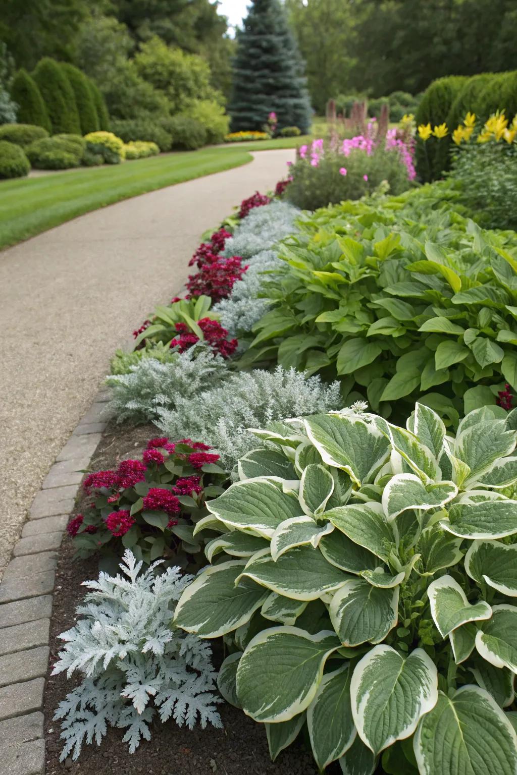 An artistic garden border showcasing opposing hues and textures.